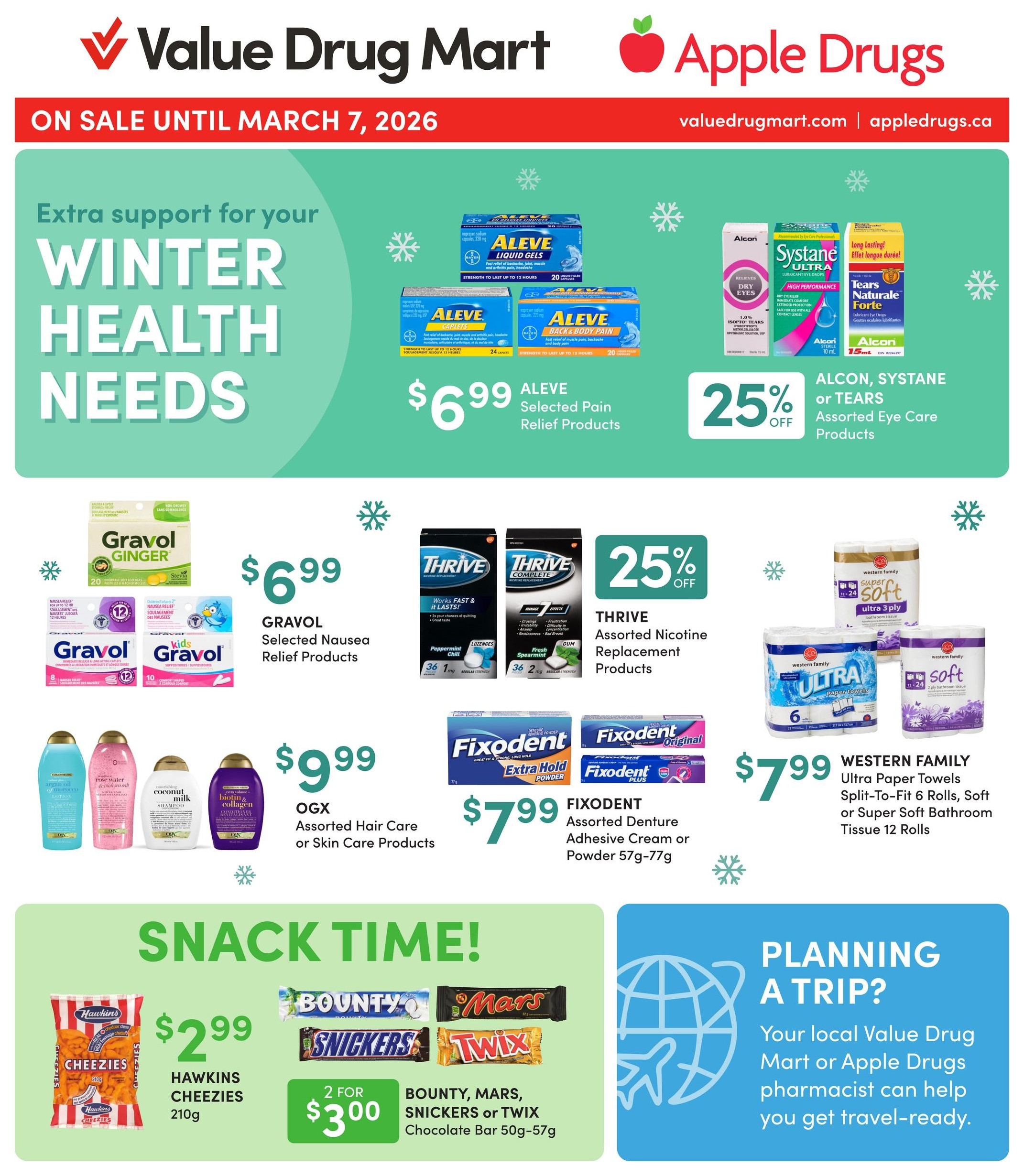 Apple Drugs flyer page featuring Winter Savings valid until March 7, 2026. Offers include Vitalux Assorted Ocular Vitamins 50's-60's for $18.99, and Halls Assorted Lozenges 9's at 2 for $3.00. Also featured are Holista, Sesame Street, or Webber Naturals Assorted Vitamins or Supplements with 30% off, and Tena Assorted Health Care Products with 30% off. Emergen-C Gummies 45's or Assorted Vitamin & Mineral Supplement Packets 24's-30's are available for $14.99. Abreva Cold Sore Treatment Tube or Pump 2g is priced at $19.99. The page also highlights Holista Premium Omega-3 Fish Oil, Sesame Street Super Boost Vitamin C, and Webber Naturals Calcium Carbonate.
