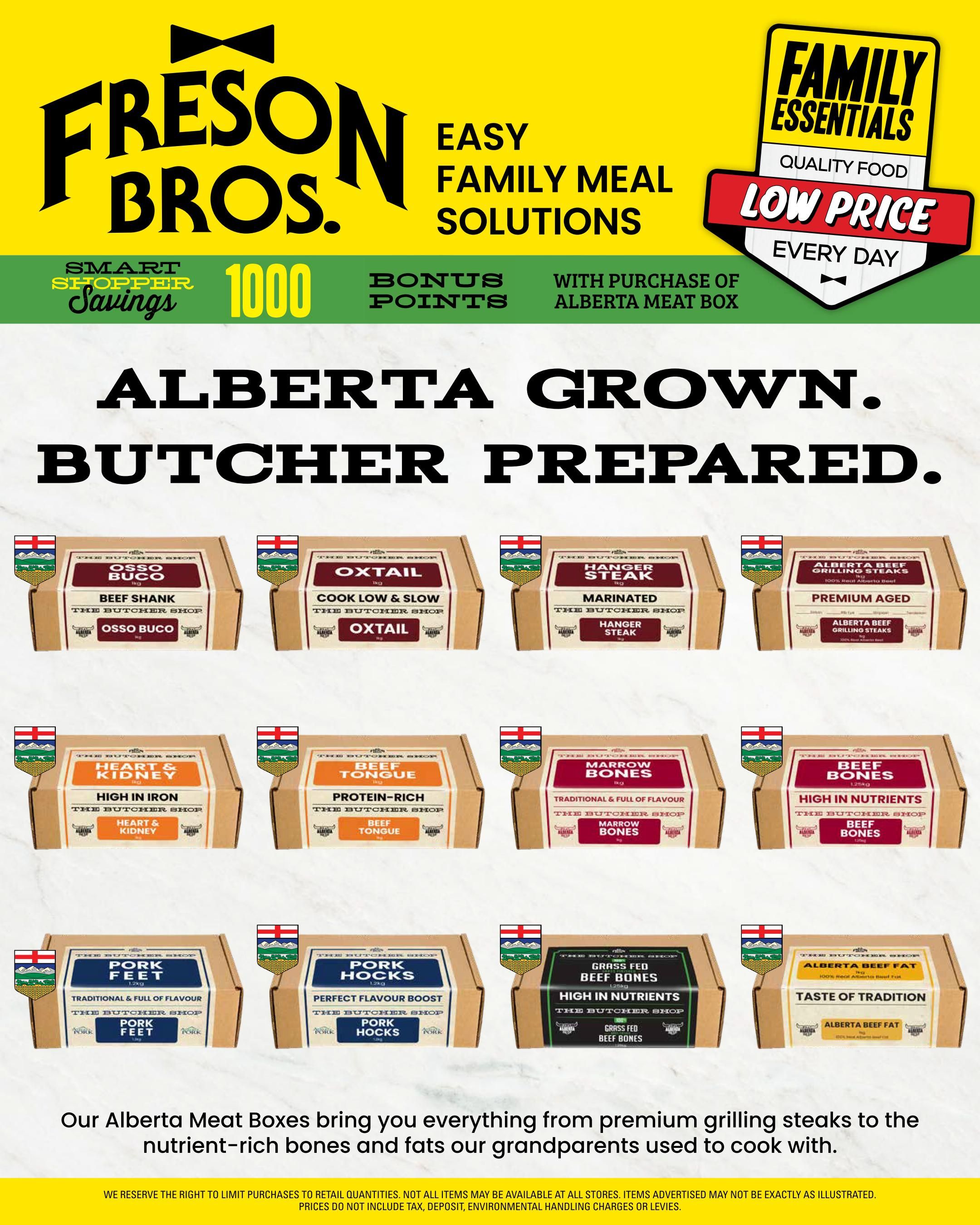 Freson Bros flyer page 16 featuring 'Alberta Grown. Butcher Prepared.' meat boxes. Products include Beef Shank Osso Buco, Oxtail (Cook Low & Slow), Marinated Hanger Steak, Premium Aged Alberta Beef Grilling Steaks, Heart & Kidney (High in Iron), Beef Tongue (Protein-Rich), Marrow Bones, Beef Bones (High in Nutrients), Pork Feet (Traditional & Full of Flavour), Pork Hocks (Perfect Flavour Boost), Grass Fed Beef Bones (High in Nutrients), and Alberta Beef Fat (Taste of Tradition). The page highlights 'Easy Family Meal Solutions' and 'Quality Food, Low Price Every Day' with 'Smart Shopper Savings' and '1000 Bonus Points with purchase of Alberta Meat Box'. The bottom text states 'Our Alberta Meat Boxes bring you everything from premium grilling steaks to the nutrient-rich bones and fats our grandparents used to cook with.' A disclaimer about retail quantities, item availability, and prices not including tax or levies is also present.