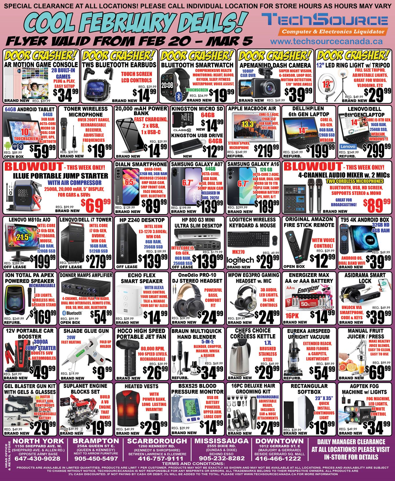TechSource flyer, valid from February 20 to March 5. This page features 'Cool February Deals' and 'Door Crasher!' specials. Highlights include an AR Motion Game Console with 28 built-in games for $34.99 (regular $49.99), TWS Bluetooth Earbuds with touch screen LCD controls for $14.99 (regular $29.99), and a Bluetooth Smartwatch with comprehensive health monitoring for $19.99 (regular $34.99). Also a 'Door Crasher!' is the Apeman HD Dash Camera for $39.99 (regular $69.99) and a 12-inch LED Ring Light with Tripod for $29.99 (regular $49.99). 'Blowout - This Week Only!' deals feature an Illue Portable Jump Starter with Air Compressor for $69.99 (regular $99.99) and a 4-Channel Audio Mixer with two cordless microphones for $89.99 (regular $199.99). Other great offers include a 64GB Android Tablet for $59.99 (regular $89.99), a Toner Wireless Microphone for $19.99 (regular $39.99), and a 20,000 mAh Power Bank for $14.99 (regular $29.99). Storage options include a Kingston Micro SD 64GB for $14.99 and a Kingston USB Drive 64GB for $12.99. Refurbished laptops include an Apple MacBook Air 13.3-inch for $219.99 (regular $399.99), a Dell/HP/Len 6th Gen 14-inch Laptop for $199.99 (regular $249.99), and a Lenovo/Dell 8th Gen 14-inch Laptop for $299.99 (regular $349.99). Smartphones on offer are the Dialn Smartphone 6.5-inch for $89.99 (regular $129.99), Samsung Galaxy A07 64GB for $139.99 (regular $199.99), and Samsung Galaxy A16 128GB for $189.99 (regular $299.99). Desktop computers include a Lenovo M810z AIO 21.5-inch for $199.99 (regular $289.99), a Lenovo/Dell i7 Tower for $279.99 (regular $319.99), an HP Z240 Desktop for $139.99 (regular $189.99), and an HP 800 G3 Mini Ultra Slim Desktop for $139.99 (regular $179.99). Additional deals: Logitech Wireless Keyboard & Mouse MK270 for $29.99, Original Amazon Fire Stick Remote for $12.99, T95 4K Android Box for $39.99, Ion Total PA Apex Powered Speaker for $169.99, Donner Mamp5 Amplifier for $54.99, Echo Flex Smart Speaker for $14.99, Oneodio Pro-10 DJ Stereo Headset for $24.99, Mpow EG3Pro Gaming Headset for $24.99, Energizer Max AA or AAA 16-pack for $14.99, and an Asidrama Smart Lock for $39.99. Home and personal items include a 12V Portable Car Booster for $49.99, a Shjade Glue Gun for $9.99, a Hoco High Speed Portable Jet Fan for $26.99, a Braun Multiquick Hand Blender for $34.99, a Chefs Choice Cordless Kettle for $24.99, a Eureka Airspeed Upright Vacuum for $54.99, a Manual Fruit Juicer/Press for $69.99, a Gel Blaster Gun Kit for $29.99, a Suplanet Engine Blocks Set for $19.99, Heated Vests for $29.99, a BSX525 Blood Pressure Monitor for $29.99, a 16pc Deluxe Hair Grooming Kit for $24.99, a Rectangular Softbox for $19.99, and an Agptek Fog Machine with Lights for $34.99. The flyer also mentions daily manager clearance in-store and that products are available in limited quantities, with a limit of one per customer. Prices and availability are subject to change. A 3% cash discount is offered.