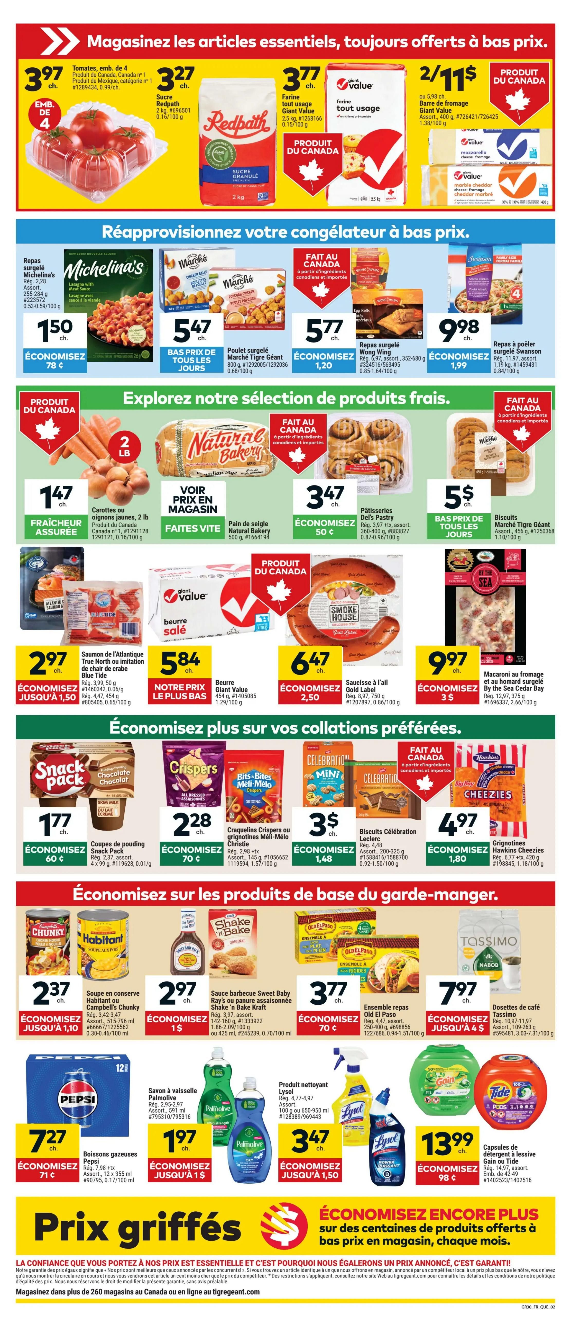 Giant Tiger weekly flyer specials page 2. Featured items include: 4 tomatoes for $3.97, Redpath granulated sugar 2 kg for $3.27, Giant Value all-purpose flour 2 kg for $3.77, and Giant Value cheese bars (mozzarella and marble cheddar) 2/ $11. Also featured are frozen meals like Michelina's Lasagna with Meat Sauce for $1.50, Market Tiger Giant frozen chicken balls or popcorn chicken for $5.47, Wong Wing frozen egg rolls for $5.77, and Swanson frozen skillet meals for $9.98. Explore fresh product selections with 2 lb yellow onions or carrots for $1.47, Del's Pastry baked goods for $3.47, and Giant Tiger assorted cookies for $5. Save on preferred snacks with Snack Pack chocolate pudding cups for $1.77, Christie Crispers chips for $2.28, and Leclerc Celebration cookies for $3. Other deals include Blue Tide Atlantic salmon or imitation crab for $2.97, Giant Value salted butter for $5.84, Gold Label garlic sausage for $6.47, and By the Sea frozen pizza for $9.97. Stock up on pantry staples with Habitant or Campbell's Chunky soup for $2.37, Sweet Baby Ray's BBQ sauce or Kraft Shake 'n Bake for $2.97, and Old El Paso taco kits for $3.77. Tassimo coffee pods are $7.97. Enjoy savings on beverages and cleaning supplies with Pepsi 12-pack for $7.27, Palmolive dish soap for $1.97, Gain or Tide laundry detergent pods for $13.99. The flyer highlights 'GRIFFÉS PRICES' and 'SAVE EVEN MORE' on hundreds of products on sale every month.