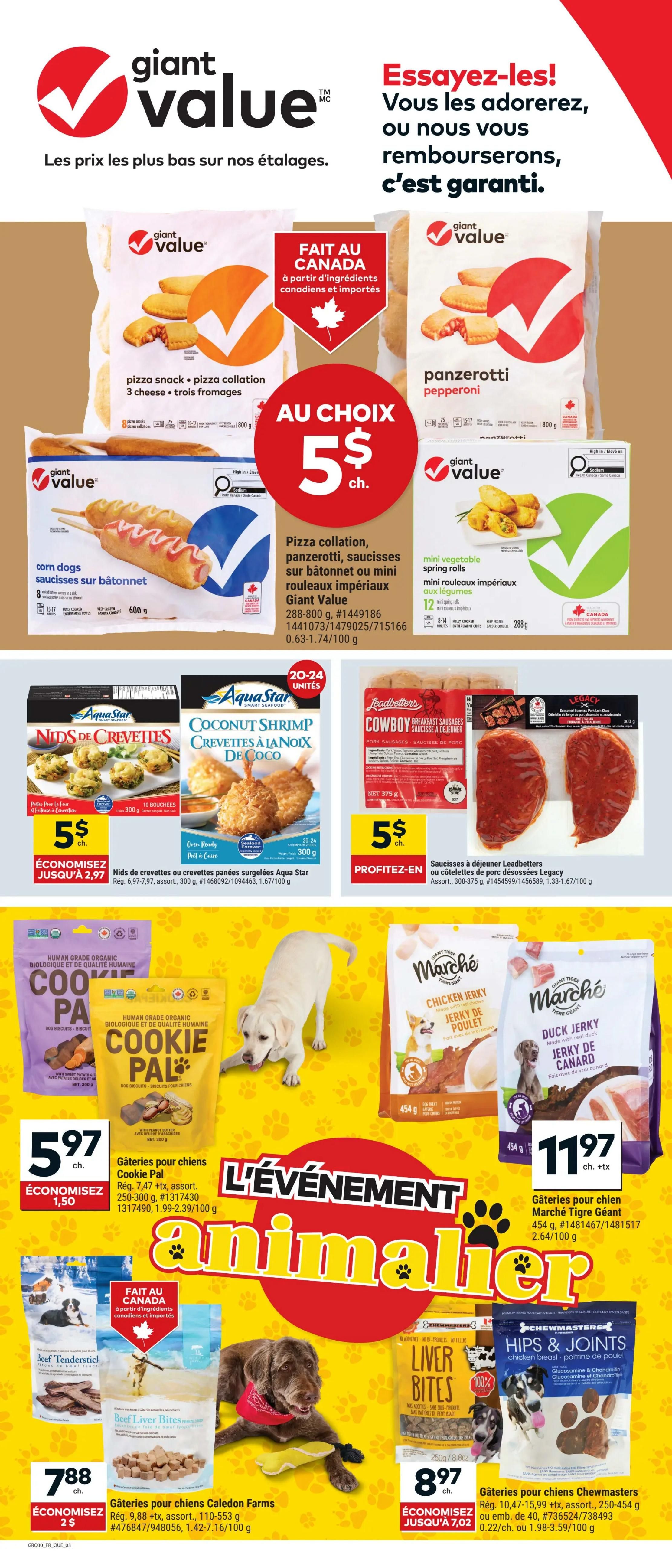 Giant Tiger weekly flyer specials page 3. Featured items include Giant Value pizza snacks and panzerotti for $5 each. Also available are Giant Value corn dogs and mini vegetable spring rolls. Aqua Star coconut shrimp are $5 for 20-24 units. Leadbetter's Cowboy breakfast sausages or Legacy seasoned boneless pork loin chops are also $5. For pets, Cookie Pal dog biscuits are $5.97, saving $1.50. Caledon Farms dog treats are $7.88, saving $2. Giant Tiger Marche chicken and duck jerky are $11.97. Chewmasters Hips & Joints chicken breast treats are $8.97, saving up to $7.02.