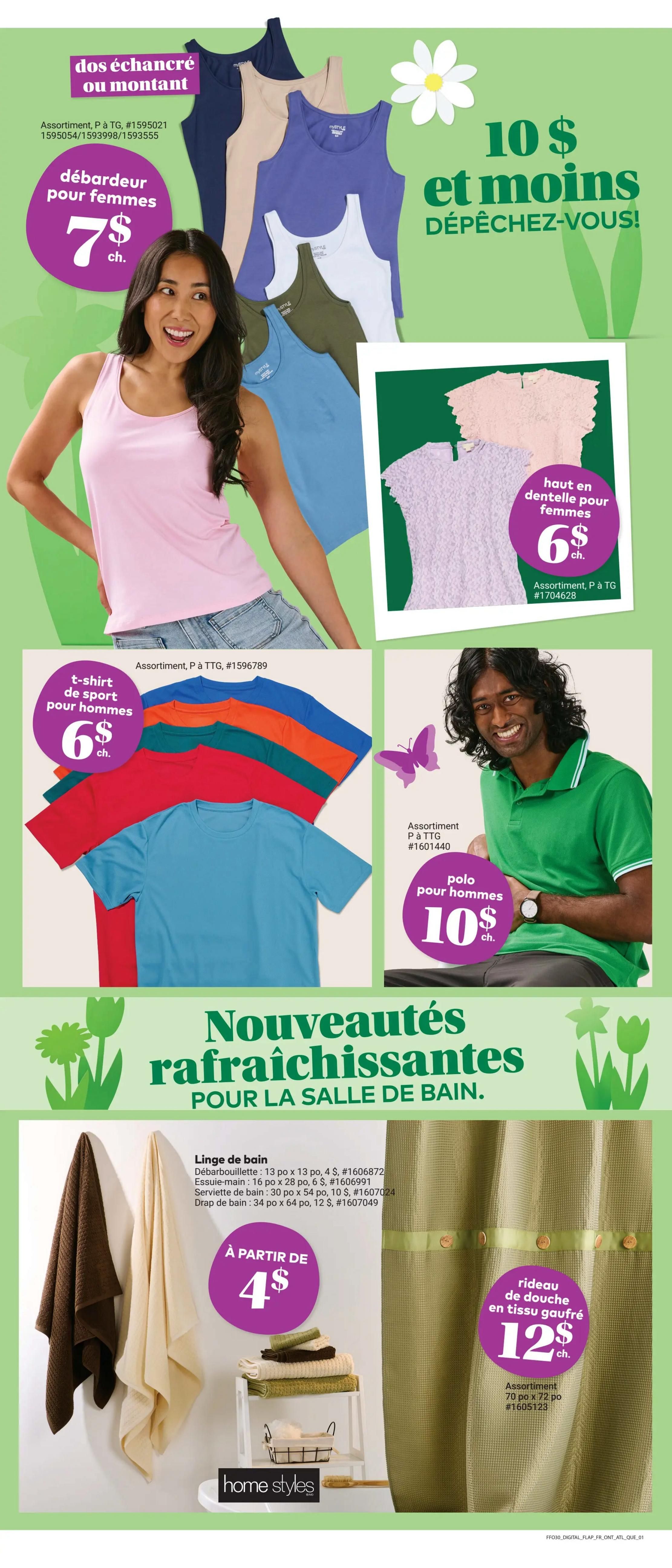 Giant Tiger weekly flyer specials page 4. Features women's scoop neck or racerback tank tops for $7 each. Also, women's lace tops are available for $6 each. Men's sports t-shirts are priced at $6 each, and men's polo shirts are $10 each. The page also highlights new refreshing bath linens, including bath towels starting at $4, and a waffle-weave shower curtain for $12. Home Styles brand products are featured.