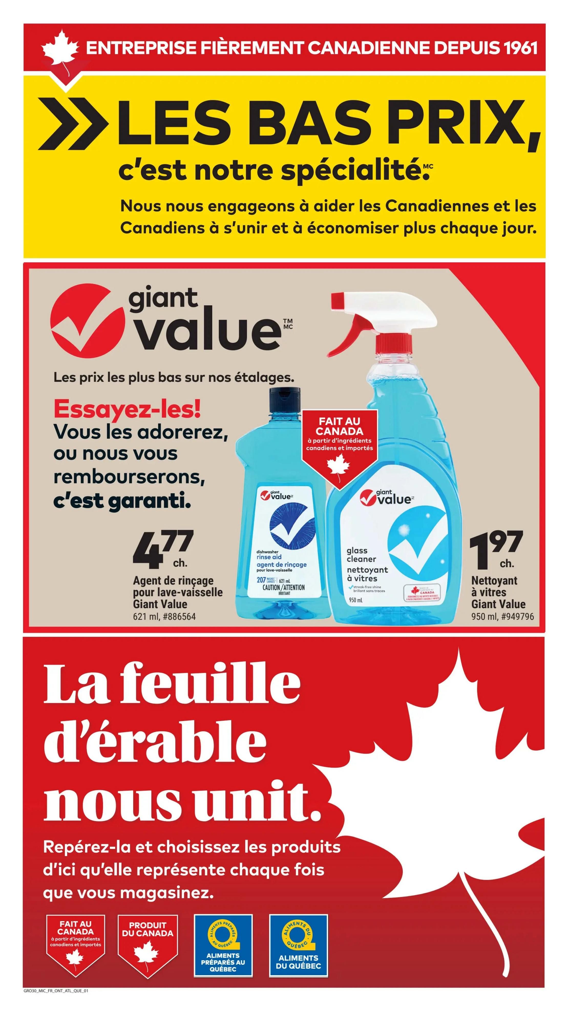 Giant Tiger flyer page 5 features 'Les Bas Prix, c'est notre spécialité' (Low Prices, our specialty) with a commitment to helping Canadians save. The Giant Value brand offers a dishwasher rinse aid for $4.77 (621 ml, #886564) and a Giant Value glass cleaner for $1.97 (950 ml, #949796). Both products are made in Canada with Canadian and imported ingredients. The page also highlights 'La feuille d'érable nous unit' (The maple leaf unites us), encouraging shoppers to identify and choose products that represent what they buy, with 'Fait au Canada' (Made in Canada) and 'Produit du Canada' (Product of Canada) labels, as well as 'Aliments préparés au Québec' (Prepared foods from Quebec) and 'Aliments du Québec' (Foods from Quebec) certifications.