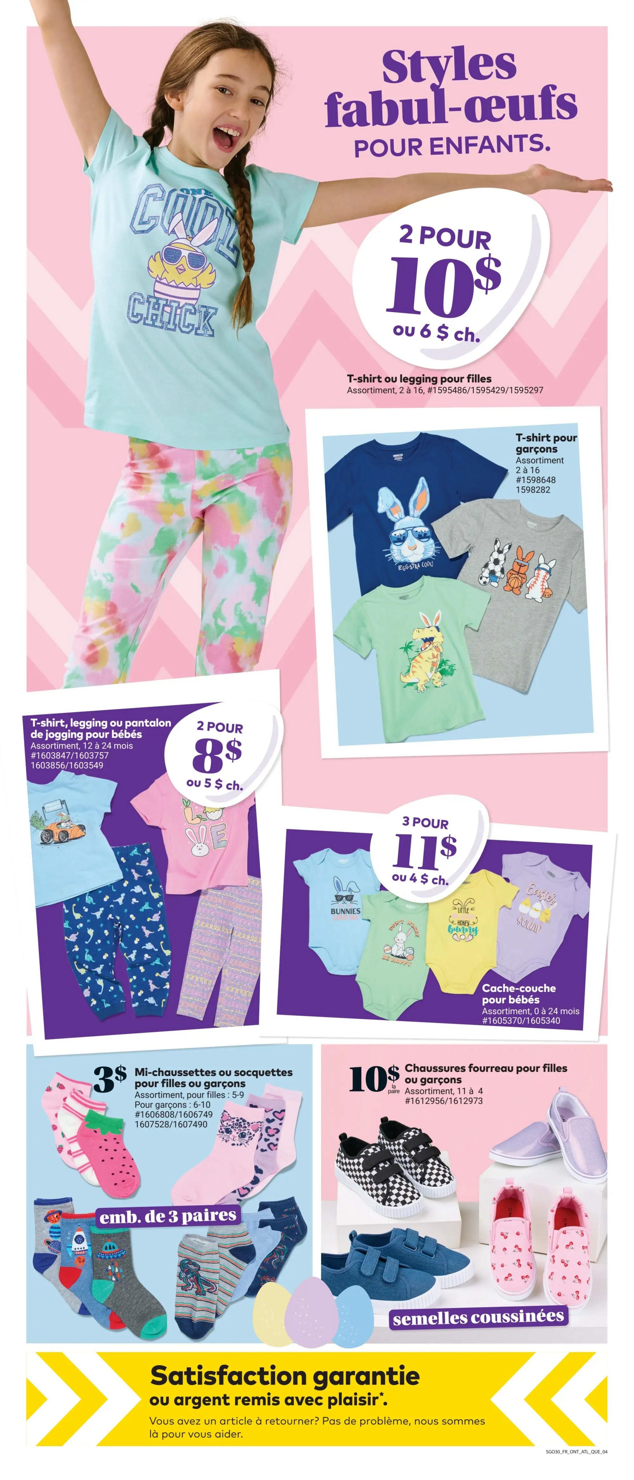 Giant Tiger weekly flyer specials page 6 features 'Fab-egg-lous Styles for Kids'. Offers include 2 T-shirts or leggings for girls for $10 or $6 each. Also available are T-shirts for boys, with designs like a bunny with sunglasses, and bunnies playing sports, priced at 2 for $8 or $5 each. Baby onesies are 3 for $11 or $4 each, with various Easter-themed graphics. Children's socks are 3 pairs for $3, with options for girls and boys featuring strawberries, cats, dinosaurs, and space themes. Also featured are slip-on sneakers for girls, available per pair for $10, in checkered and glittery styles, as well as pink cherry-patterned slip-ons. The page also includes a satisfaction guarantee message.