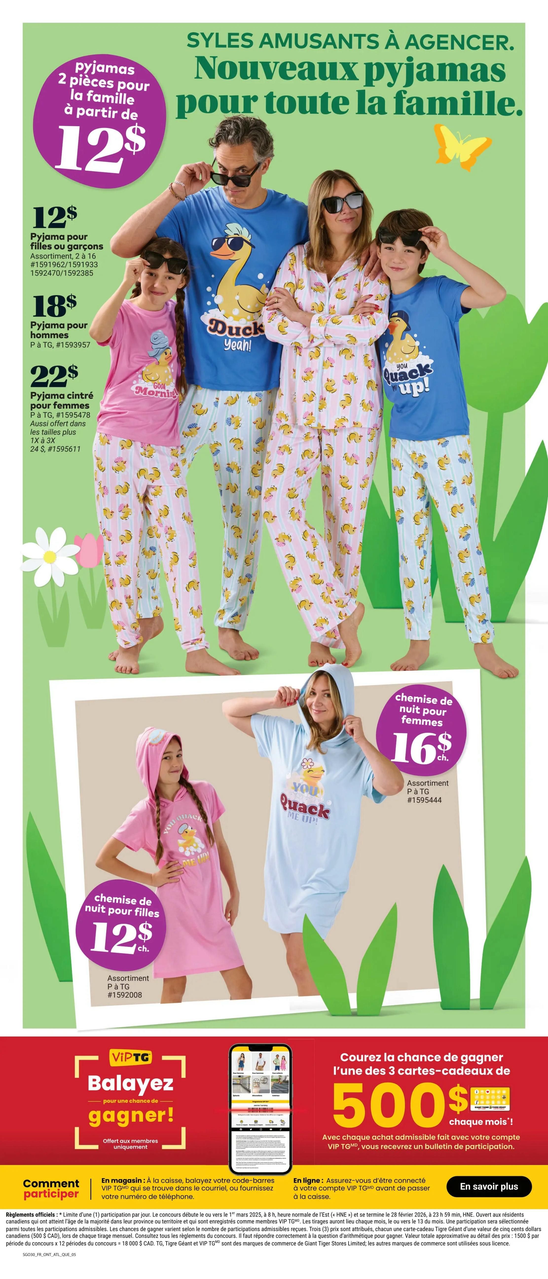 Giant Tiger weekly flyer specials page 7 features fun matching family pyjamas. Pyjamas for the family start at $12. Boys' or girls' pyjama sets are $12, available in sizes 2 to 16. Men's pyjamas are $18. Women's fitted pyjamas are $22, available in plus sizes 1X to 3X. Women's nightshirts are $16 each, available in sizes P to TG. The page also promotes the VIP TG contest for a chance to win one of three $500 gift cards each month, with eligible purchases made with a VIP TG account. Instructions on how to participate in-store and online are provided.