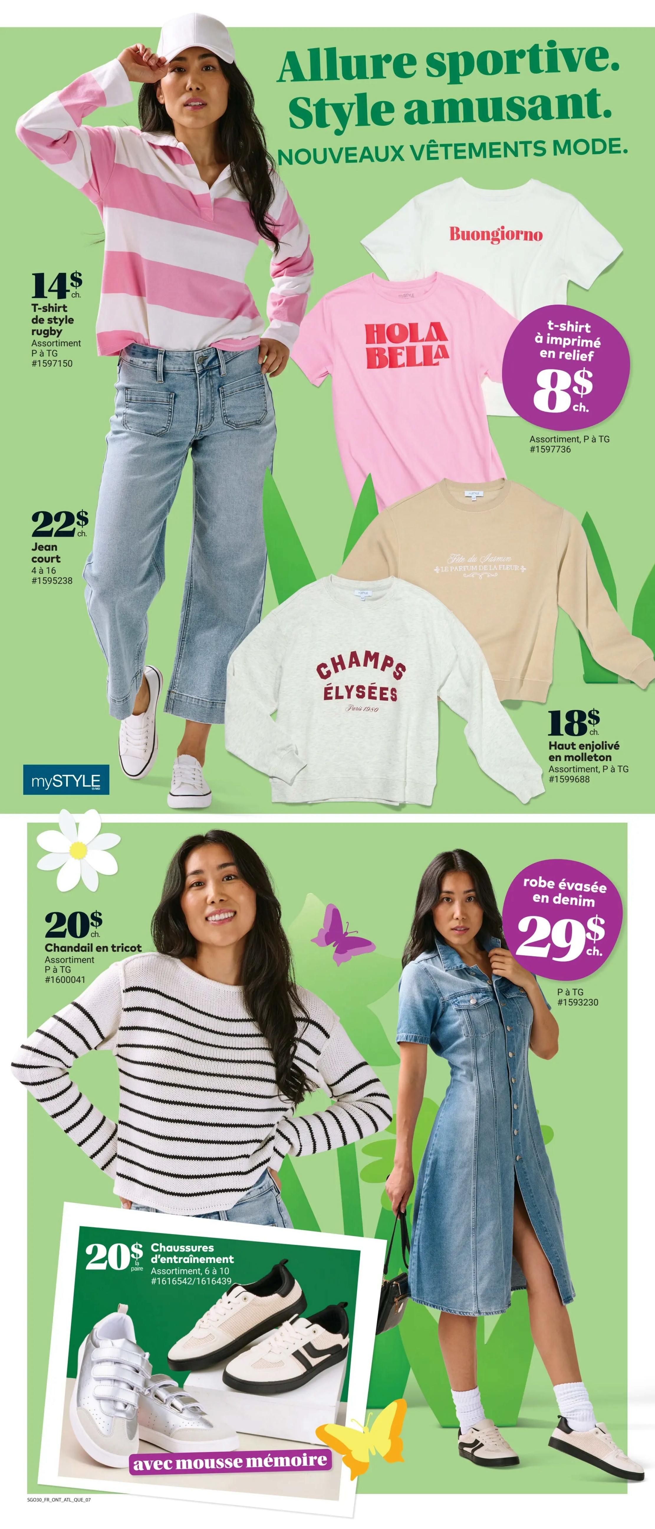Giant Tiger weekly flyer page 9 features stylish apparel and footwear. A model showcases a pink and white striped rugby-style t-shirt for $14, paired with light-wash wide-leg jeans for $22. Other featured items include a white t-shirt with 'Buongiorno' graphic, a pink t-shirt with 'Hola Bella' graphic for $8, a grey sweatshirt with 'Champs Élysées' graphic for $18, and a beige sweatshirt with French text for $18. Also shown is a black and white striped knit sweater for $20, a denim shirt dress for $29, and athletic shoes with memory foam for $20 per pair.