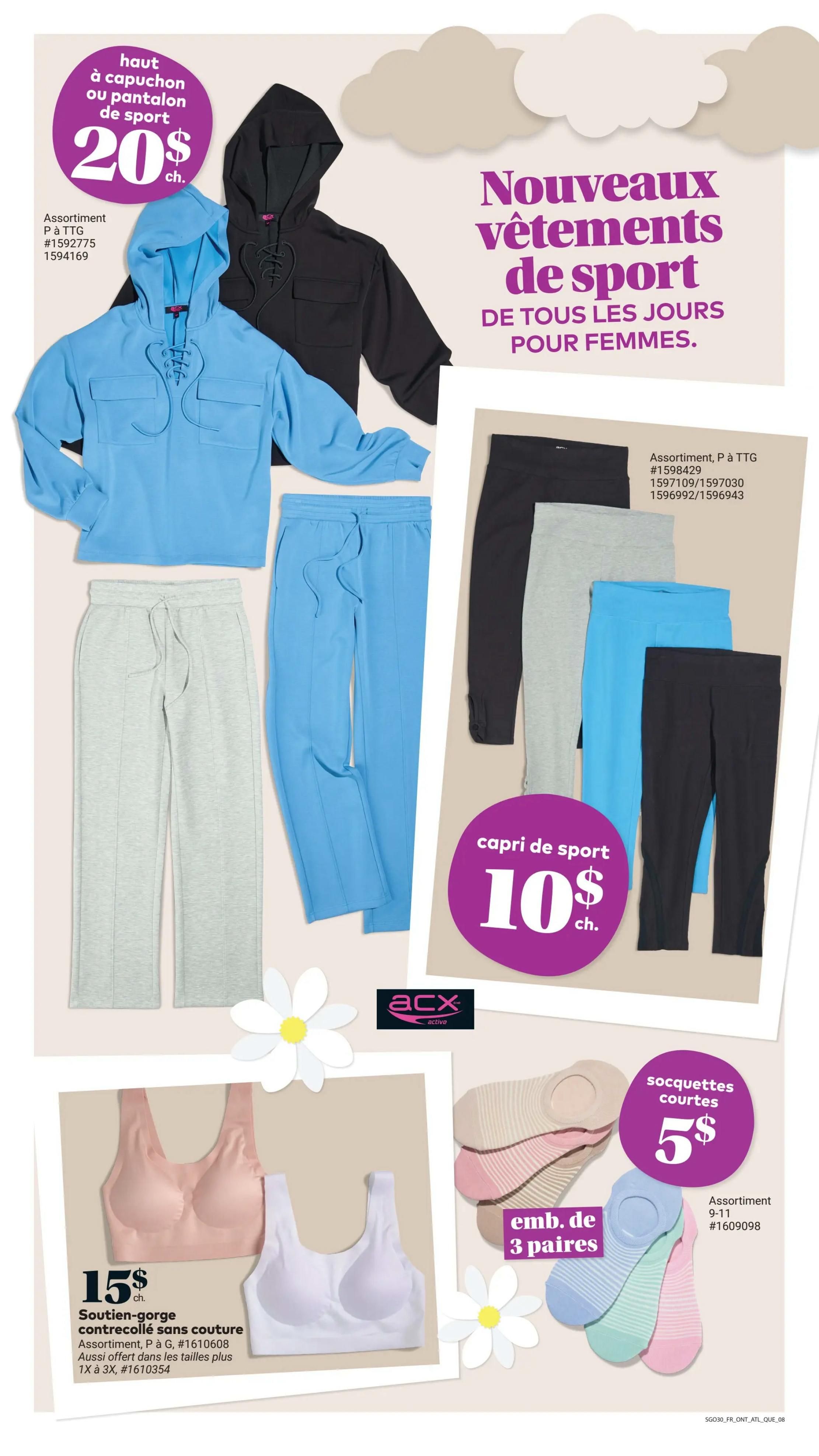 Giant Tiger weekly flyer specials page 10 features new women's activewear. Hooded tops or sport pants are $20 each. Also available are capri-length sport pants for $10 each in black, grey, and blue. Seamless compression sports bras are $15 each, available in sizes P to G and also in plus sizes 1X to 3X. A 3-pair pack of no-show socks is $5.