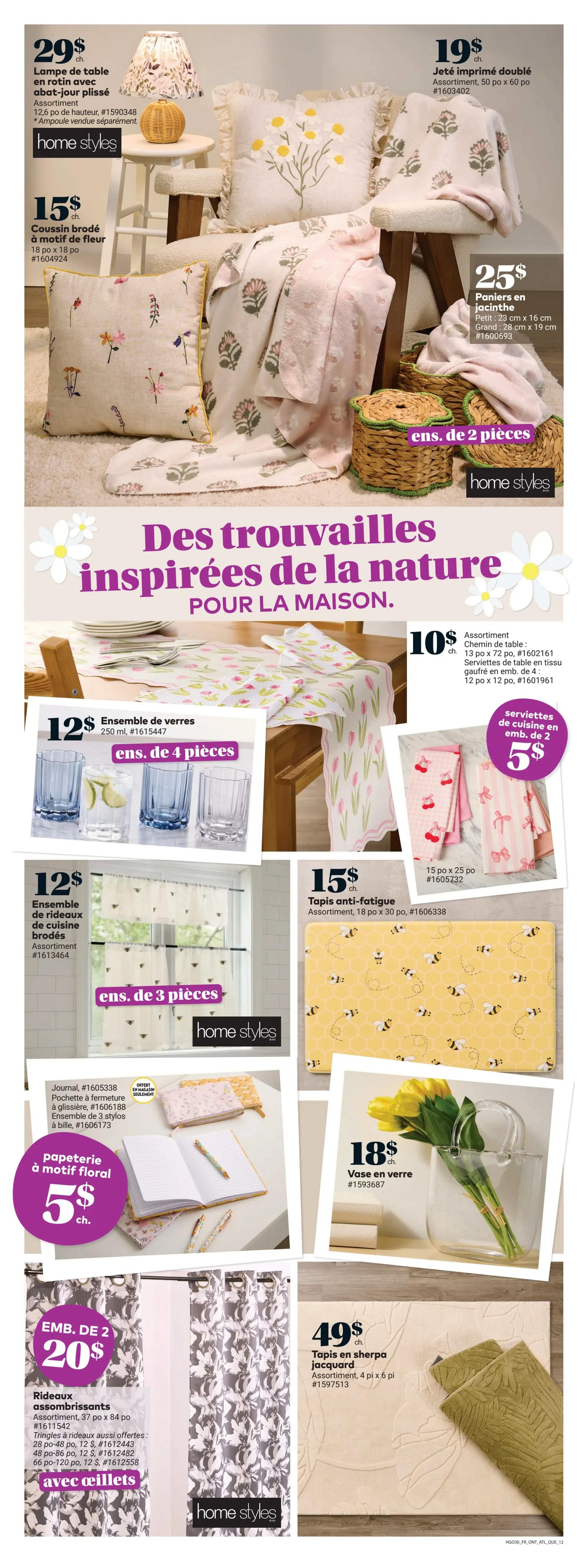 Giant Tiger weekly flyer page 14 featuring home decor items. Offers include a rattan table lamp with pleated shade for $29, a floral embroidered cushion for $15, a double-printed throw for $19, and hyacinth baskets (set of 2) for $25. Also available are a 4-piece set of 250 ml glasses for $12, a table runner and set of 4 fabric napkins for $10, and kitchen towels (set of 2) for $5. Other items include a 3-piece set of embroidered kitchen curtains for $12, a floral stationery set with journal, pencil case, and 3 pens for $5, a glass vase for $18, blackout curtains (set of 2) for $20, and a 4 ft x 6 ft jacquard sherpa rug for $49.