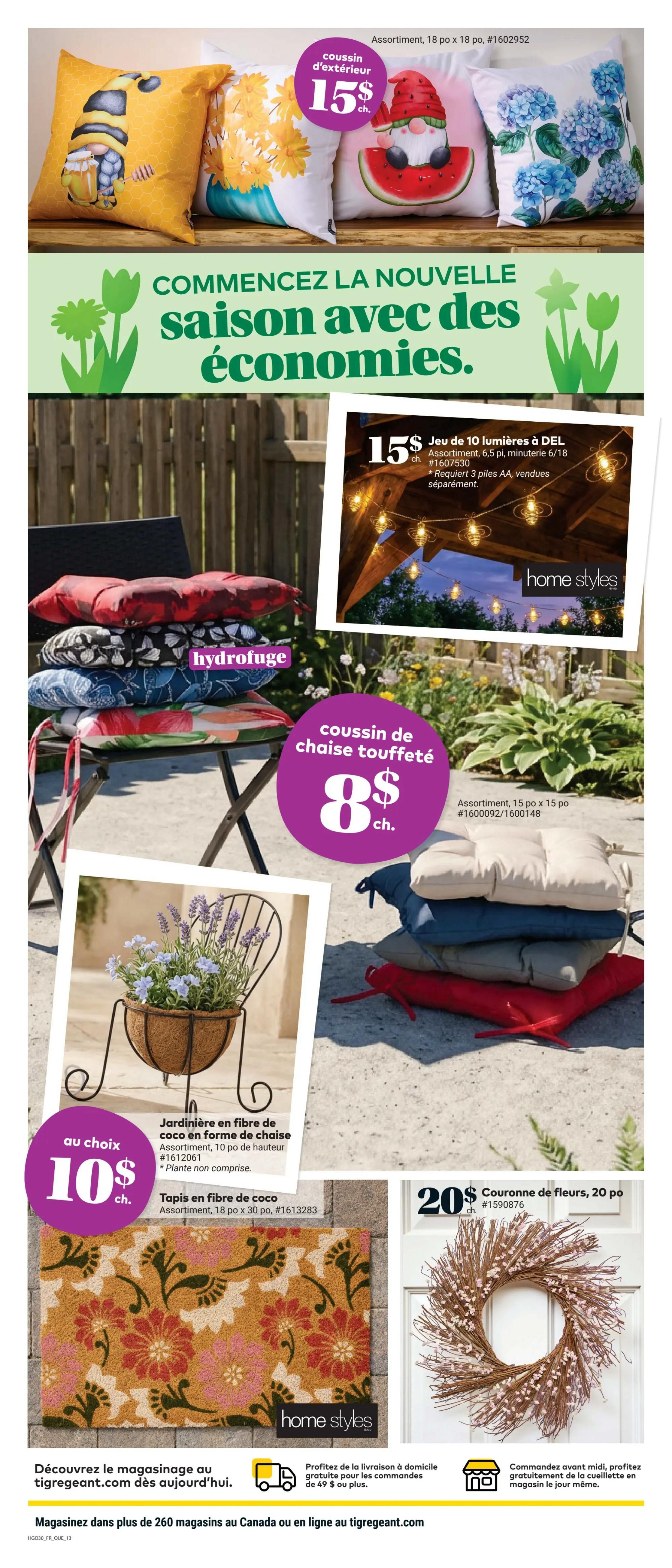 Giant Tiger weekly flyer specials page 15 features outdoor cushions for $5 each, available in assorted 18' x 18' designs including bee gnome, watermelon gnome, and floral patterns. Also featured are Home Styles 6.5 ft. LED string lights with 10 bulbs for $15, requiring 3 AA batteries (sold separately). Cushioned chair pads are available for $8 each in assorted 15' x 15' sizes and colours. A coconut fibre chair-shaped planter is $10, with plants sold separately. A coconut fibre doormat, assorted 18' x 30', is also shown. A 20' floral wreath is priced at $20. The flyer also promotes shopping at tigeregeant.com for free home delivery on orders over $49 and same-day in-store pickup for orders placed before noon.