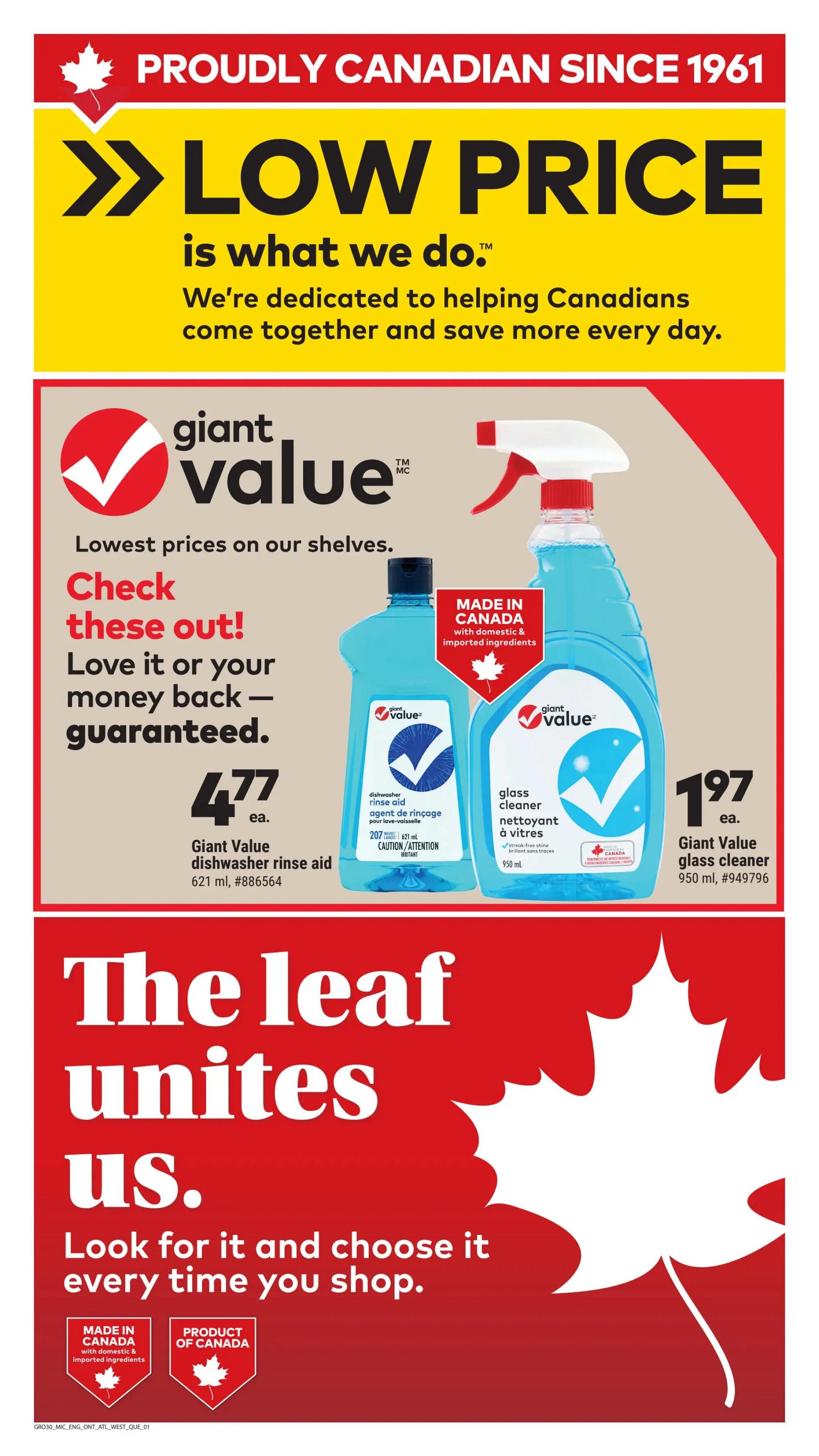 Giant Tiger flyer page 5 featuring 'LOW PRICE is what we do.' slogan. Highlights Giant Value dishwasher rinse aid for $4.77 each (621 ml, #886564) and Giant Value glass cleaner for $1.97 each (950 ml, #949796). Both products are proudly made in Canada with domestic and imported ingredients. The page also includes a 'The leaf unites us. Look for it and choose it every time you shop.' message with Canadian maple leaf imagery.