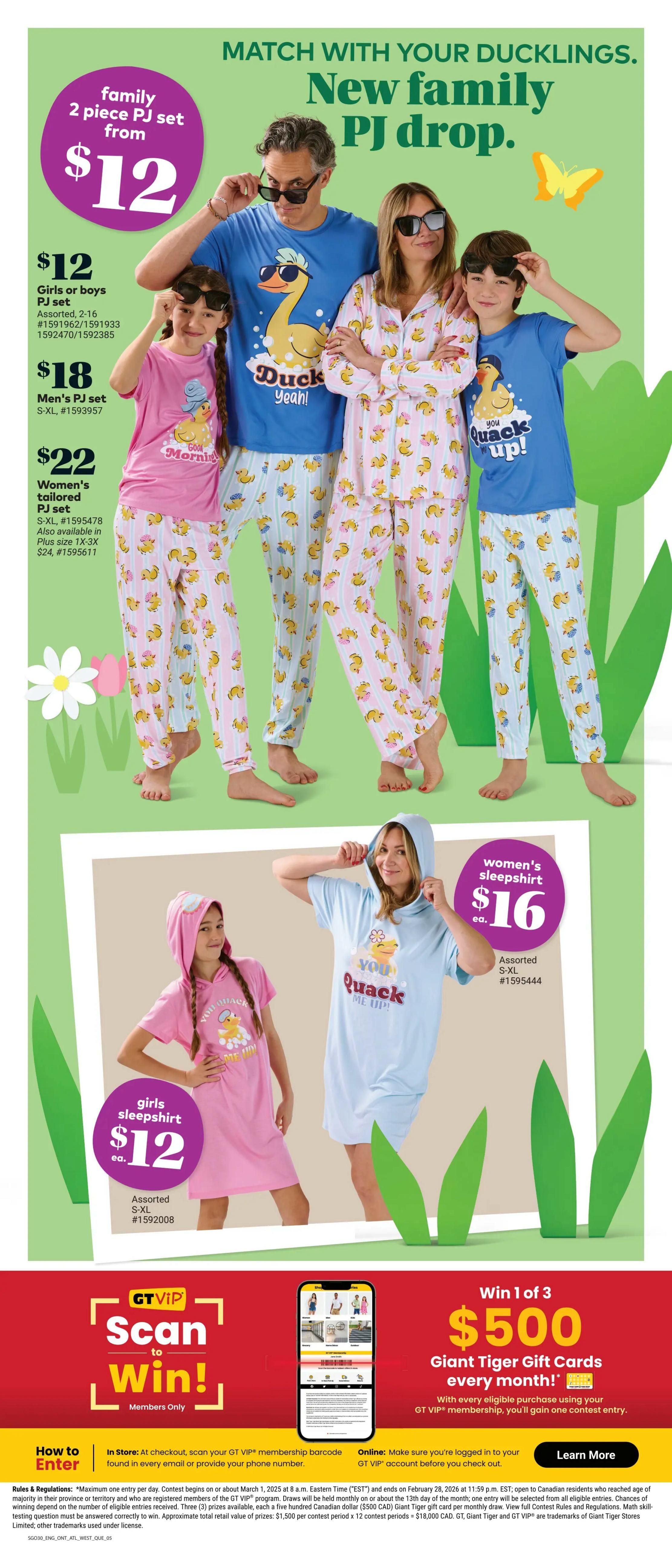 Giant Tiger Atlantic Canada weekly flyer specials, page 7. Features a new family pajama collection with a duck theme. Family 2-piece PJ sets start at $12. Girls or boys PJ sets are $12, available in assorted sizes 2-16. Men's PJ sets are $18, sizes S-XL. Women's tailored PJ sets are $22, sizes S-XL, with plus sizes 1X-3X available for $24. Also featured are girls' sleepshirts for $12 and women's sleepshirts for $16, both assorted sizes S-XL. The page also promotes a 'Scan to Win' contest for GT VIP members, offering a chance to win one of three $500 Giant Tiger Gift Cards every month. To enter, members can scan their GT VIP membership barcode at checkout or provide their phone number in-store, or ensure they are logged into their GT VIP account online before checkout. Contest details and rules are provided at the bottom of the page.