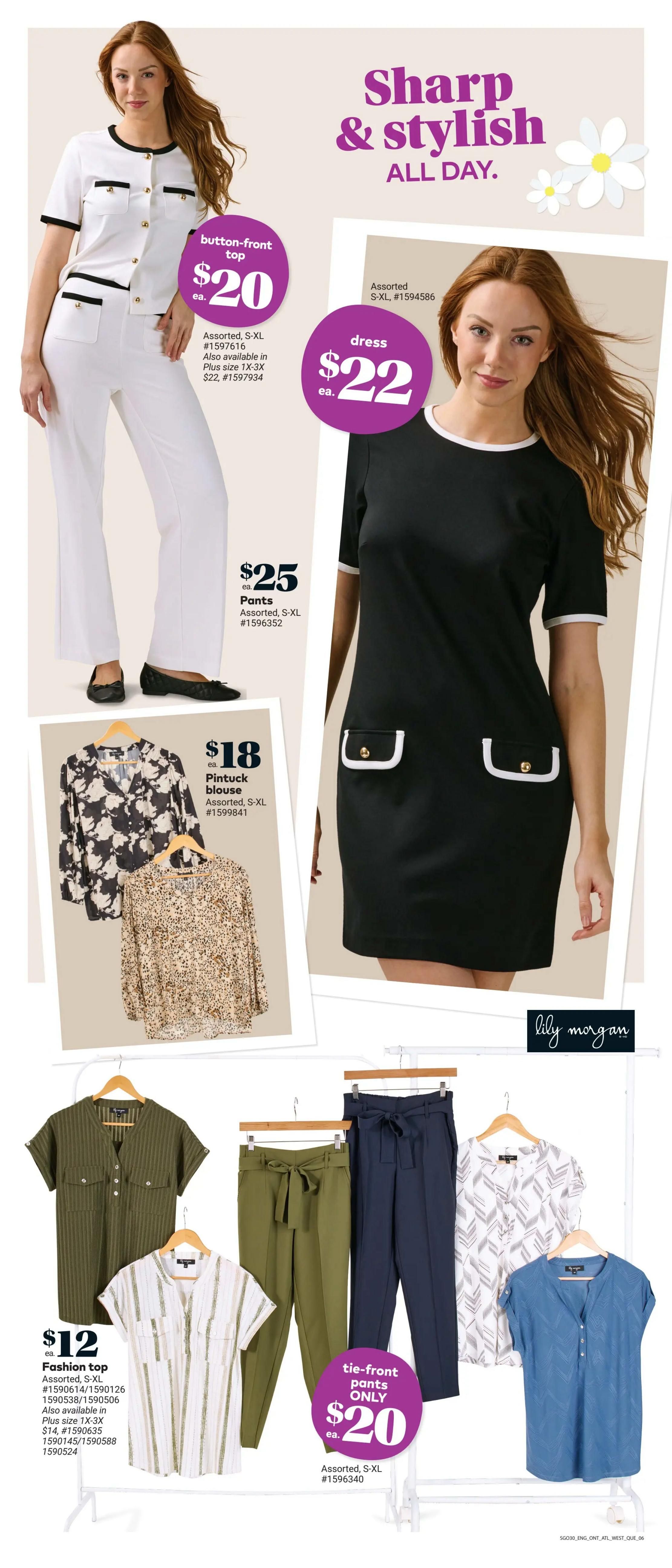 Giant Tiger Atlantic Canada flyer page 8 features women's apparel. A white button-front top with black trim is $20 each, available in assorted S-XL, and also in Plus sizes 1X-3X for $22. White pants with black trim are $25 each, assorted S-XL. A black dress with white trim and pocket details is $22 each, assorted S-XL. A pintuck blouse is $18 each, assorted S-XL. Also shown are fashion tops for $12 each, assorted S-XL, with Plus sizes 1X-3X available for $14. Tie-front pants are only $20 each, assorted S-XL. Additional tops include a striped fashion top and a blue textured tunic-style top.
