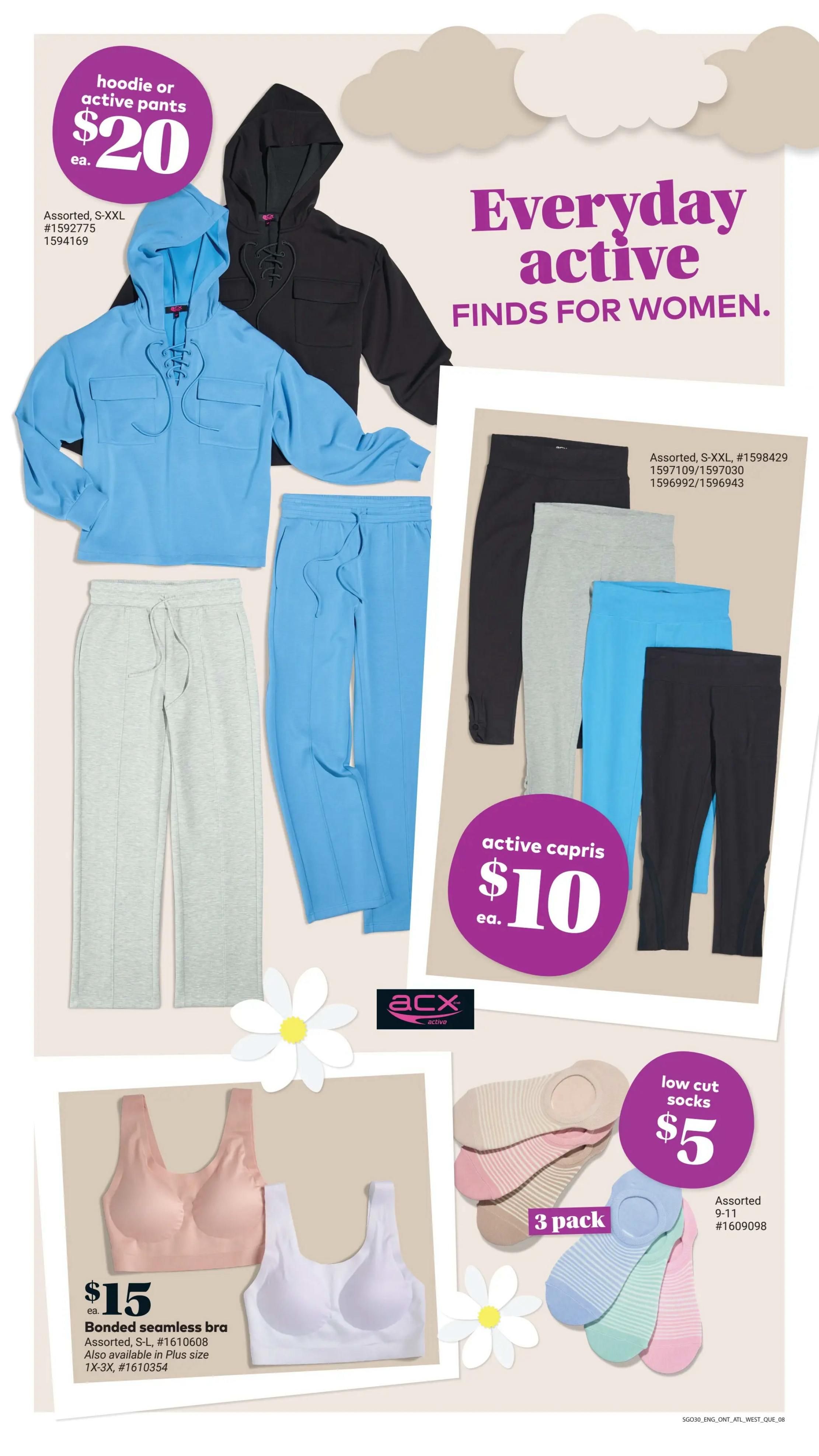 Giant Tiger flyer page featuring everyday active wear for women. Offers include hoodies or active pants for $20 each, available in assorted sizes S-XXL. Also featured are active capris for $10 each, in assorted S-XXL sizes. A bonded seamless bra is available for $15, in assorted sizes S-L and Plus size 1X-3X. Additionally, low-cut socks are on sale for $5 for a 3-pack, in assorted sizes 9-11.