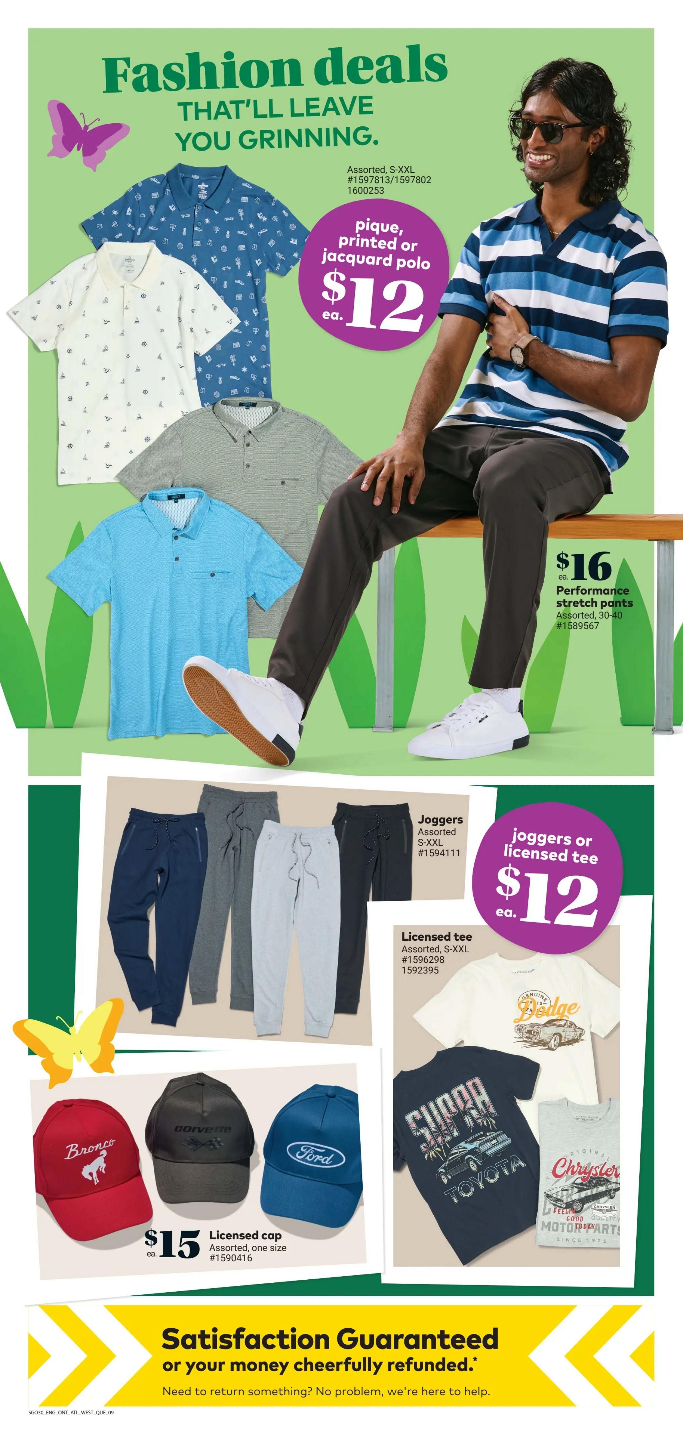Giant Tiger Atlantic Canada flyer page 11 features fashion deals including pique, printed, or jacquard polos for $12 each, available in assorted S-XXL sizes. Also featured are performance stretch pants for $16 each, in assorted 30-40 sizes. Joggers or licensed tees are $12 each, available in assorted S-XXL sizes. Licensed caps are $15 each, in assorted one size. Graphic tees include designs for Dodge, Toyota Supra, and Chrysler. The page also highlights a satisfaction guarantee for money cheerfully refunded, with a note that they are here to help if you need to return something.
