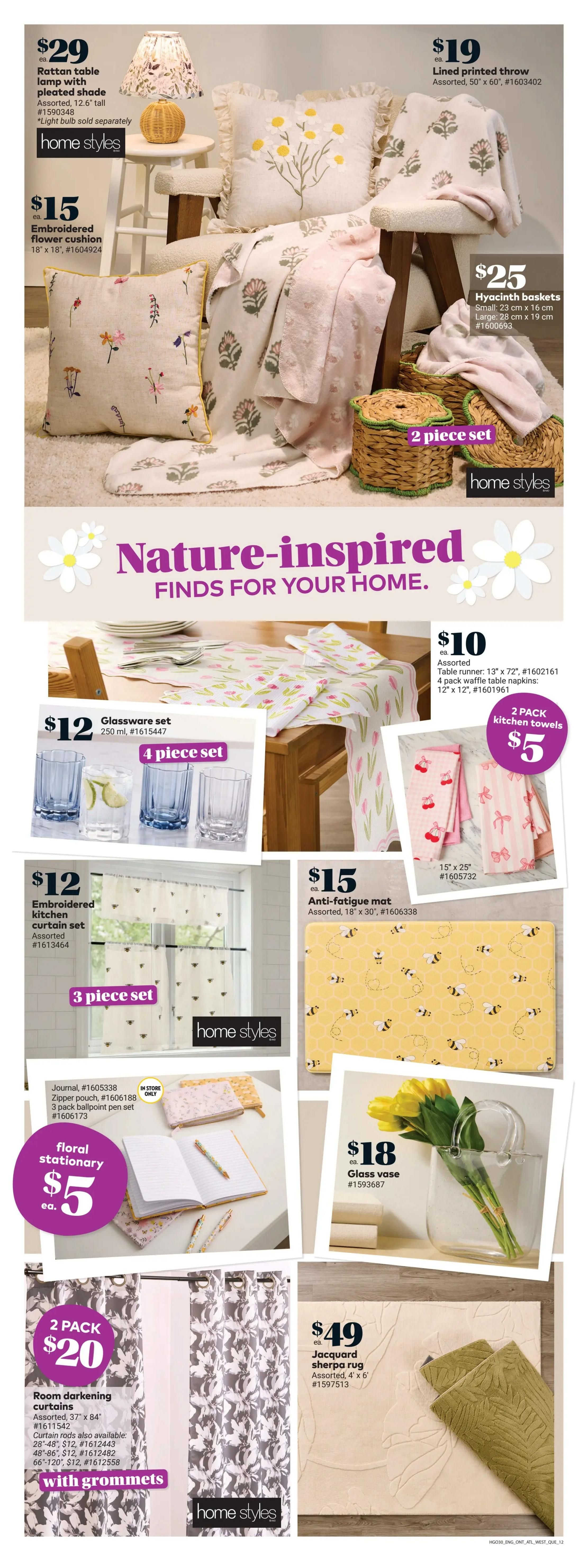 Giant Tiger Atlantic Canada flyer page 14 features nature-inspired home decor. Items include a $29 Rattan table lamp with pleated shade, 12.6' tall, #1590348. An $15 Embroidered flower cushion, 18' x 18', #1604924. A $19 Lined printed throw, 50' x 60', #1603402. A $25 Hyacinth baskets set (small 23 cm x 16 cm, large 28 cm x 19 cm), #1600693. A $10 assortment including a table runner (13' x 72', #1602161) and 4 pack waffle table napkins (12' x 12', #1601961). A 2 pack kitchen towels for $5, 15' x 25', #1605732. A $12 Glassware set, 4 piece set, 250 ml, #1615447. A $12 Embroidered kitchen curtain set, 3 piece set, assorted, #1613464. A $15 Anti-fatigue mat, 18' x 30', #1606338, with a bee design. Floral stationery is $5 each, including a journal (#1605338), zipper pouch (#1606188), and 3 pack ballpoint pen set (#1606173). A $18 Glass vase, #1593687, shown with yellow tulips. Room darkening curtains, 2 pack, are $20, assorted, 37' x 84', #1611542, with grommets. Additional curtain rod sizes and prices are available. A $49 Jacquard sherpa rug, 4' x 6', assorted, #1597513.