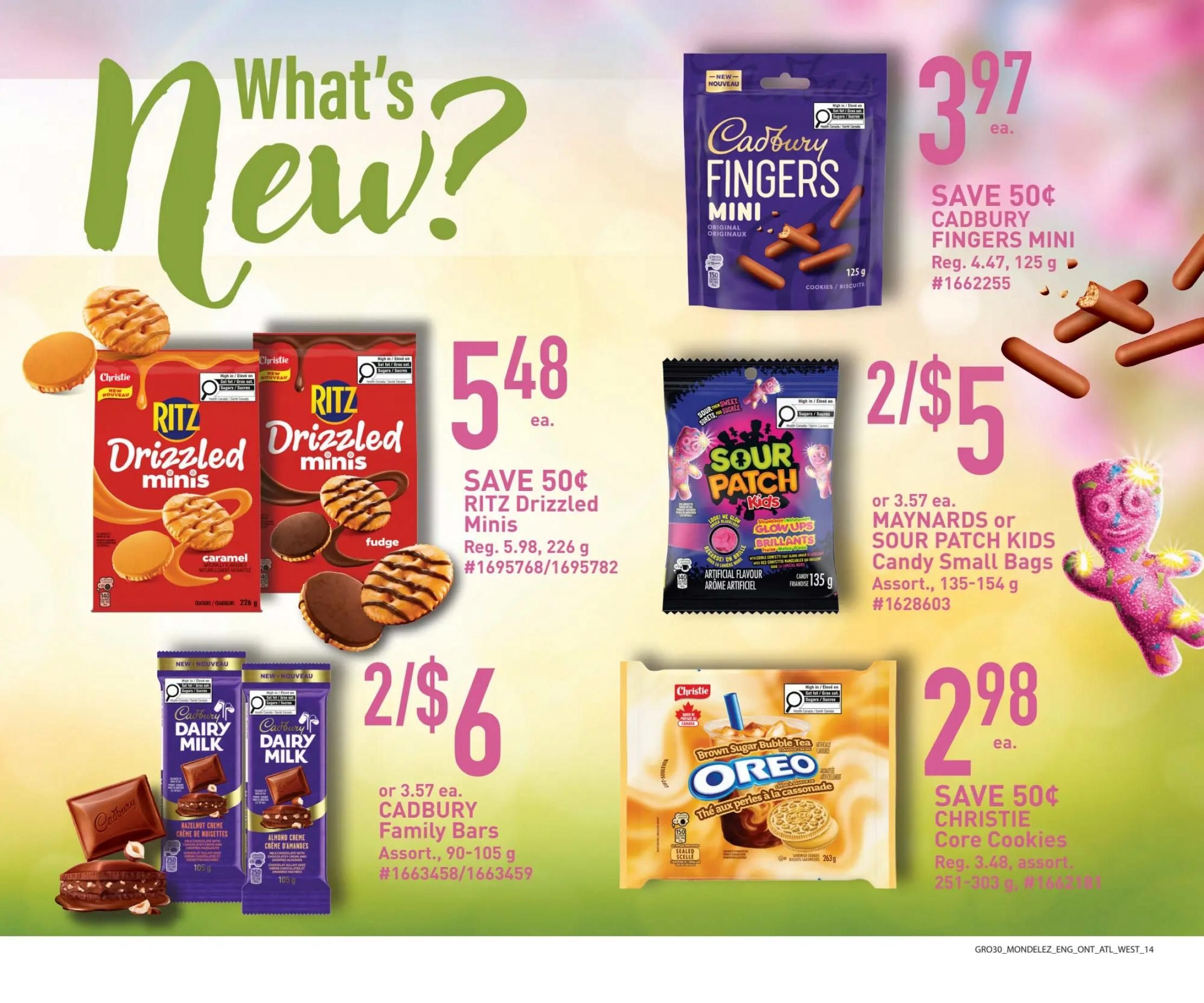 Giant Tiger Atlantic Canada flyer page featuring new 'What's New?' products. Offers include Cadbury Fingers Mini Original for $3.97 each, save 50 cents. Ritz Drizzled Minis in Caramel and Fudge flavours are $5.48 each, save 50 cents, regular price $5.98 for 226 g. Maynards or Sour Patch Kids Candy Small Bags are 2 for $5, or $3.57 each, assorted sizes from 135-154 g. Cadbury Dairy Milk Family Bars in Hazelnut Creme and Almond Creme are 2 for $6, or $3.57 each, assorted sizes from 90-105 g. Christie Core Cookies in Brown Sugar Bubble Tea flavour are $2.98 each, save 50 cents, regular price $3.48 for assorted sizes 251-303 g.