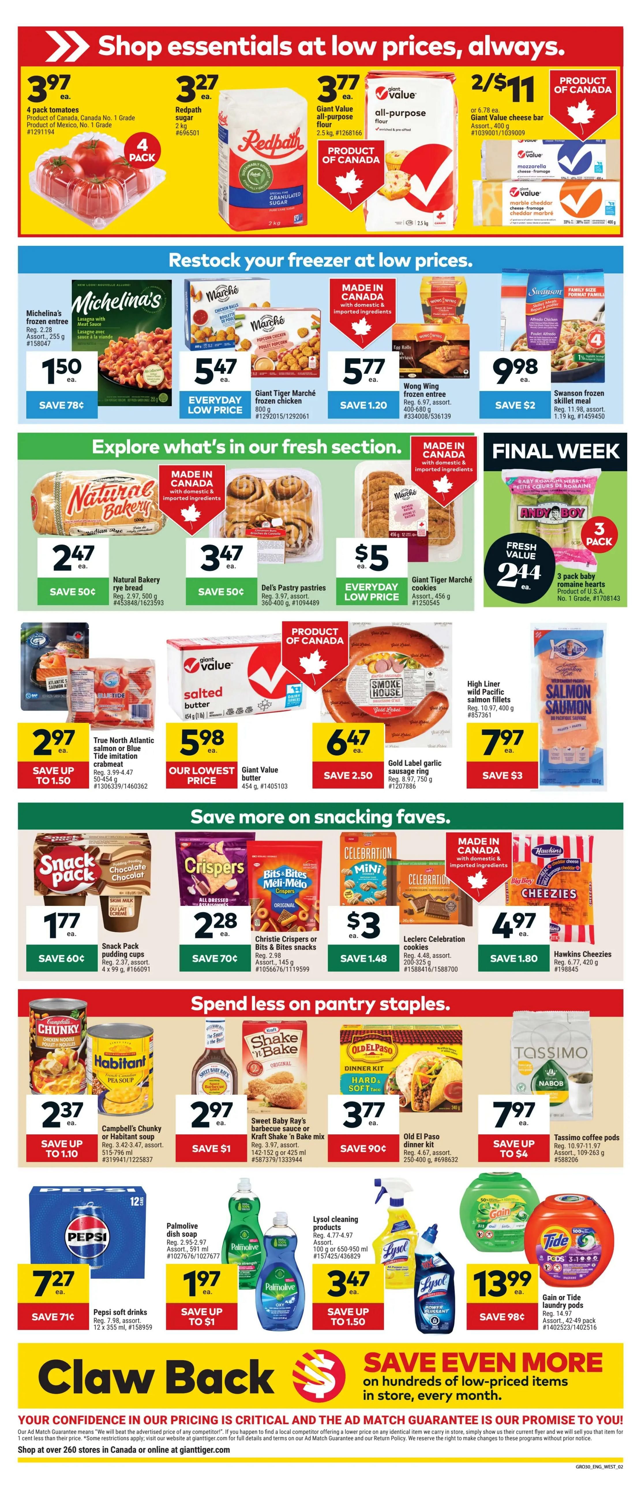 Giant Tiger weekly flyer specials for Western Canada. Page 2 features a variety of grocery items and household essentials. Top deals include 4 pack tomatoes for $3.97, Redpath sugar 2 kg for $3.27, and Giant Value all-purpose flour 2.5 kg for $3.77. Also featured are Giant Value cheese bars 2/ $11, Michelina's frozen entree Lasagna with Meat Sauce for $1.50 (save 78¢), and Giant Tiger Marche frozen chicken 800 g for $5.47. Explore fresh finds with Natural Bakery rye bread for $2.47 (save 50¢), Del's Pastry cinnamon buns for $3.47 (save 50¢), and Giant Tiger Marche cookies for $5. Wong Wing frozen entrees are $5.77 (save $1.20), and Swanson frozen skillet meals are $9.98 (save $2). Save more on snacking with Snack Pack pudding cups 4 x 99 g for $1.77 (save 60¢), Christie Crispers or Bits & Bites snacks for $2.28 (save 70¢), Leclerc Celebration cookies for $3 (save $1.48), and Hawkins Cheezies for $4.97 (save $1.80). Pantry staples include Campbell's Chunky or Habitant soup for $2.37 (save up to $1.10), Old El Paso dinner kits for $3.77 (save 90¢), and Tassimo Nabob coffee pods for $7.97 (save up to $4). Other deals include True North Atlantic salmon or Blue Tide imitation crabmeat starting at $2.97, Giant Value salted butter for $5.98, and 3 pack baby romaine hearts for $2.44. Beverages and cleaning supplies are also on sale: Pepsi soft drinks 12 x 355 ml for $7.27 (save 71¢), Palmolive dish soap for $1.97 (save up to $1), Lysol all-purpose cleaning products for $3.47 (save up to $1.50), and Gain or Tide laundry pods 42-49 pack for $13.99 (save 98¢).