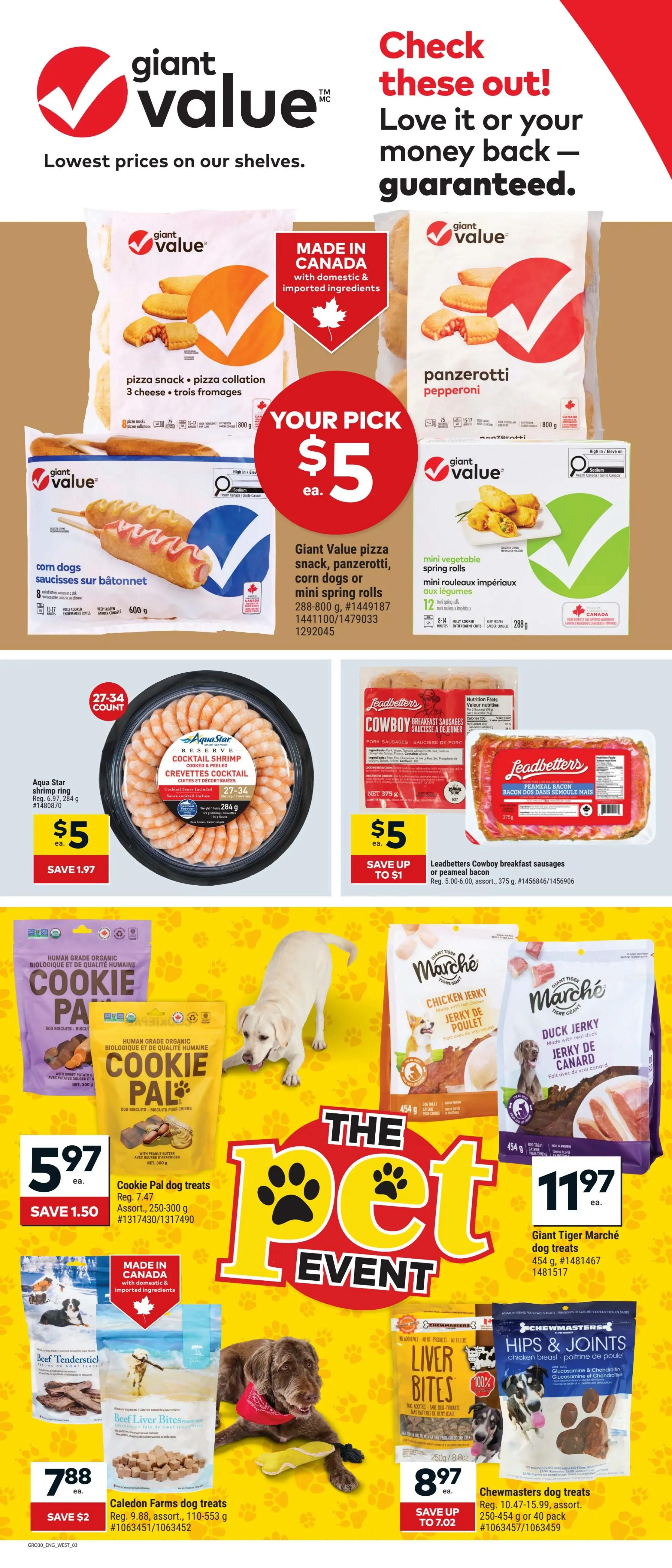 Giant Tiger weekly flyer specials page 3 features a 'Your Pick $5' deal including Giant Value pizza snacks, panzerotti pepperoni, corn dogs, and mini vegetable spring rolls. Also available is Aqua Star reserve cocktail shrimp for $5, saving $1.97. The flyer also highlights 'The Pet Event' with various dog treats: Cookie Pal dog treats for $5.97, saving $1.50; Giant Tiger Marché chicken and duck jerky for $11.97 each; Caledon Farms dog treats for $7.88, saving $2; and Chewmasters dog treats, including Hips & Joints chicken breast flavour, for $8.97, saving up to $7.02.