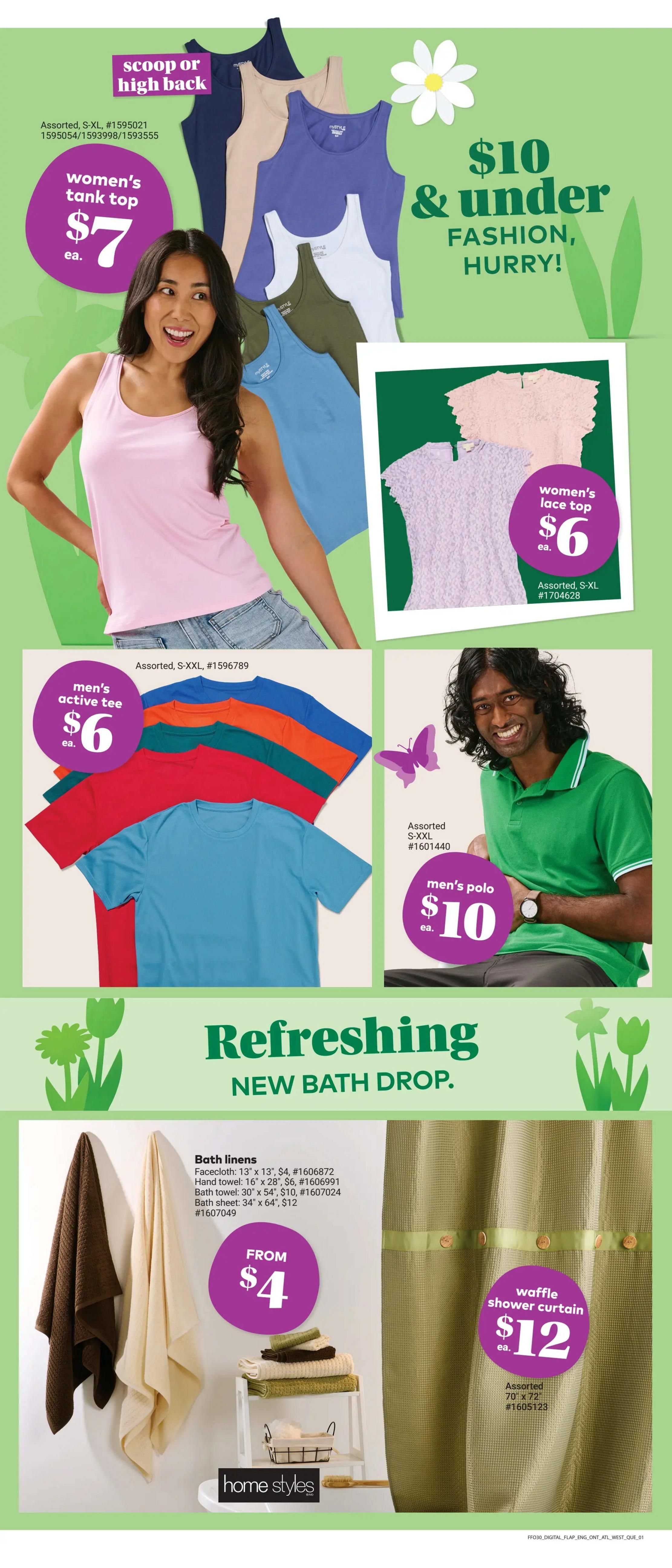 Giant Tiger weekly flyer specials page 4 features clothing and bath items. Women's tank tops in assorted colours, scoop or high back styles, are $7 each. Women's lace tops in assorted colours are $6 each. Men's active tees in assorted colours are $6 each. Men's polo shirts in assorted colours are $10 each. All clothing items are available in assorted sizes S-XXL. The page also highlights a 'Refreshing New Bath Drop' collection. Bath linens include facecloths for $4, hand towels for $6, bath towels for $10, and bath sheets for $12. A waffle shower curtain is available for $12. All items are from the 'home styles' brand.