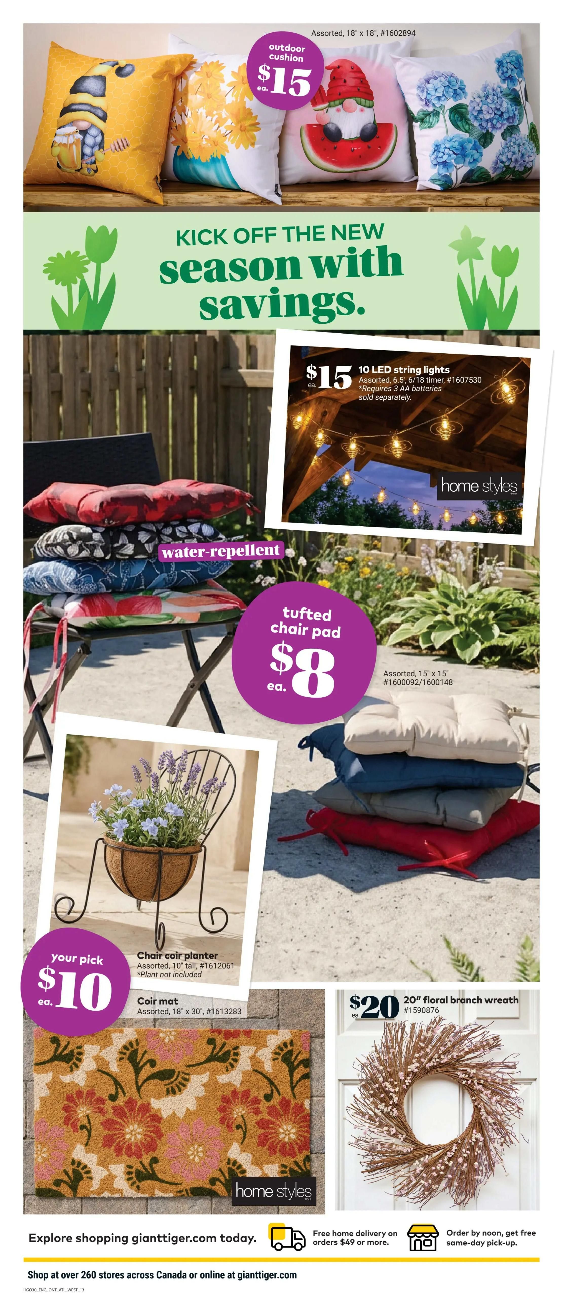 Giant Tiger weekly flyer specials page 15 features outdoor cushions for $15 each, available in assorted 18' x 18' sizes with various designs including bees, sunflowers, watermelons, and hydrangeas. Also featured are 10 LED string lights for $15, assorted 6.5' lengths with a 6/18 timer, requiring 3 AA batteries sold separately. Tufted chair pads are on sale for $8 each, assorted 15' x 15' sizes. A chair coir planter, 10' tall, is available for $10, with plants not included. A coir mat, assorted 18' x 30', is also shown. A 20' floral branch wreath is priced at $20. The page also highlights exploring shopping at gianttiger.com, with free home delivery on orders $49 or more, and free same-day pick-up for orders placed by noon.