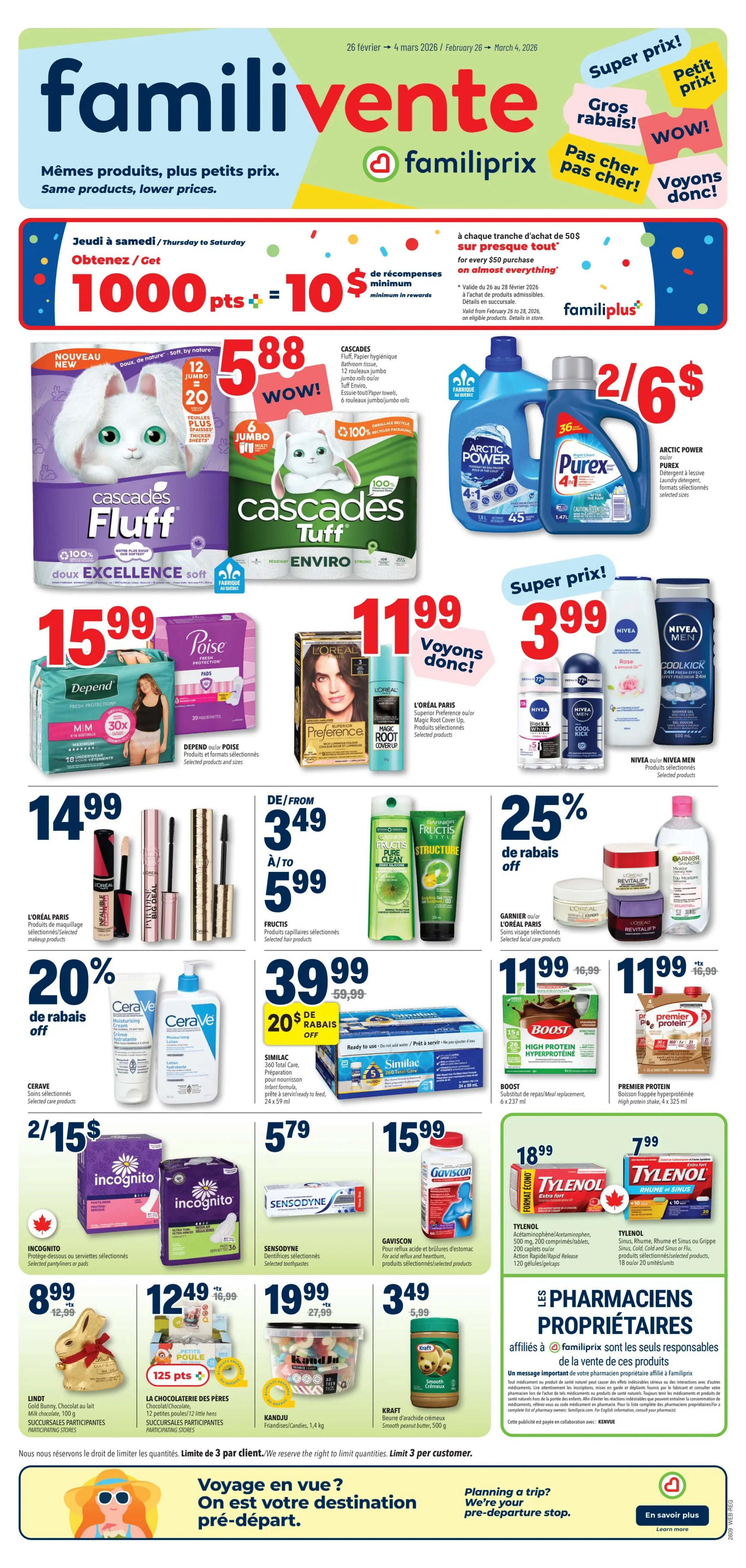 Familiprix flyer page 1 featuring 'Same products, lower prices.' promotion. Get 1000 points for every $50 purchase on almost everything. Deals include Cascades Fluff bathroom tissue at $5.88, Arctic Power or Purex laundry detergent at 2 for $6, Depend or Poise pads for $15.99, L'Oréal Paris hair colour for $11.99, Nivea or Nivea Men body wash and shower gel for $3.99. Also featured are L'Oréal Paris makeup products including Infallible concealer and Paradise Big Deal mascara for $14.99, Fructis hair products from $3.49 to $5.99, Garnier or L'Oréal Paris selected facial care products with 25% off, CeraVe selected skincare products with 20% off. Other offers include Incognito pantyliners or pads at 2 for $15, Sensodyne toothpaste for $5.79, Similac 360 Total Care infant formula for $39.99 with 20% off, Boost meal replacement 6 x 237 ml for $11.99, Premier Protein high protein shake 4 x 325 ml for $11.99. Also available are Gaviscon for acid reflux and heartburn for $15.99, Tylenol Extra Strength 200 caplets for $18.99, Tylenol Sinus, Rhume and Sinus or Flu 20 units for $7.99. Sweet treats include Lindt Gold Bunny milk chocolate 100 g, La Chocolaterie des Pères 12 little hens, and Kandju friandises/candy 1.4 kg. Kraft smooth peanut butter 500 g is also featured. The bottom of the page has a travel-themed graphic and text about planning a trip.
