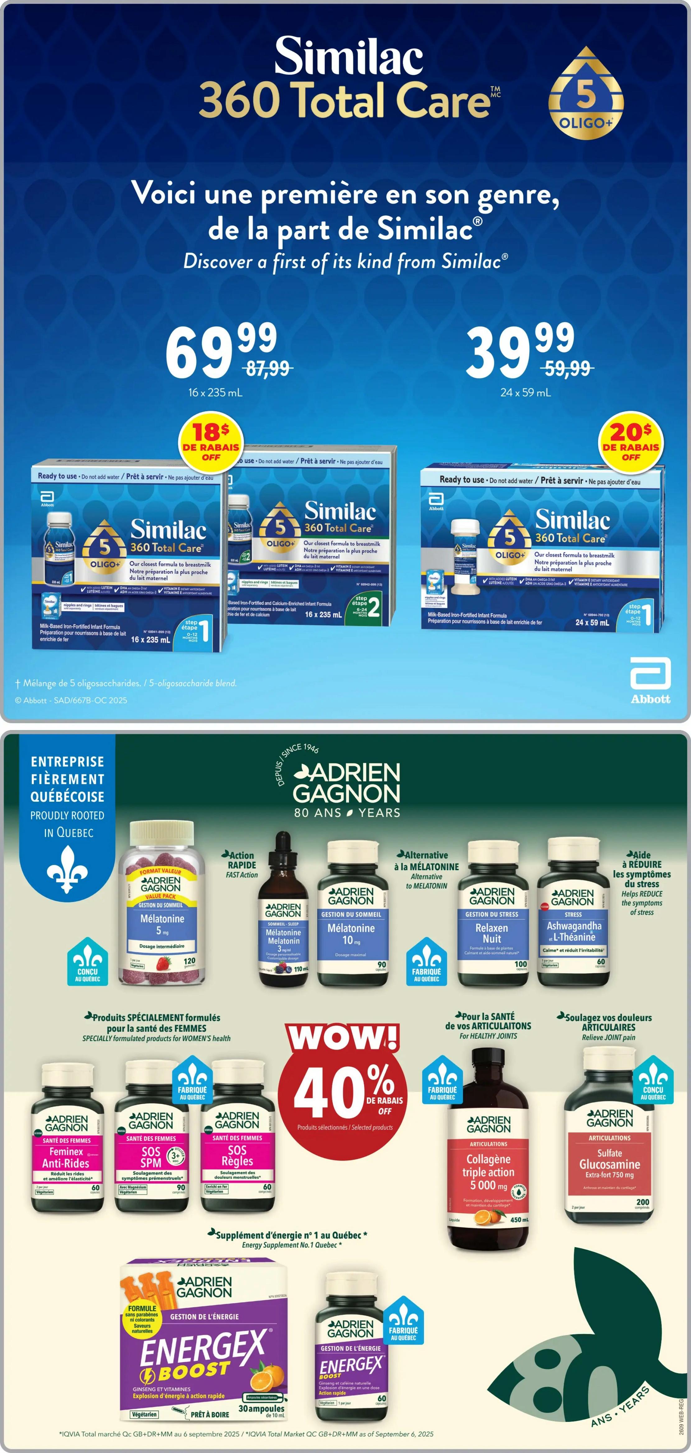 Familiprix Weekly Flyer Specials Page 5. Features Similac 360 Total Care formula: 16 x 235 mL bottles for $69.99 (originally $87.99) with a $18 OFF coupon, and 24 x 59 mL bottles for $39.99 (originally $59.99) with a $20 OFF coupon. Also highlights Adrien Gagnon products, including Melatonin 5 mg gummies (120 count) and Melatonin 3 mg/mL liquid (110 mL), Relaxen Night capsules (100 count), and Ashwagandha and L-Theanine capsules (60 count). Special offers for women's health include Feminex Anti-Wrinkle capsules (60 count), SOS PMS capsules (90 count), and SOS Rules capsules (60 count). For joint health, there's Adrien Gagnon Triple Action Collagen 5000 mg (450 mL) and Extra-Strength Glucosamine Sulfate 750 mg (200 count). Additionally, Energex Boost energy supplement (30 x 10 mL ampoules) is featured. Many products are proudly made in Quebec.