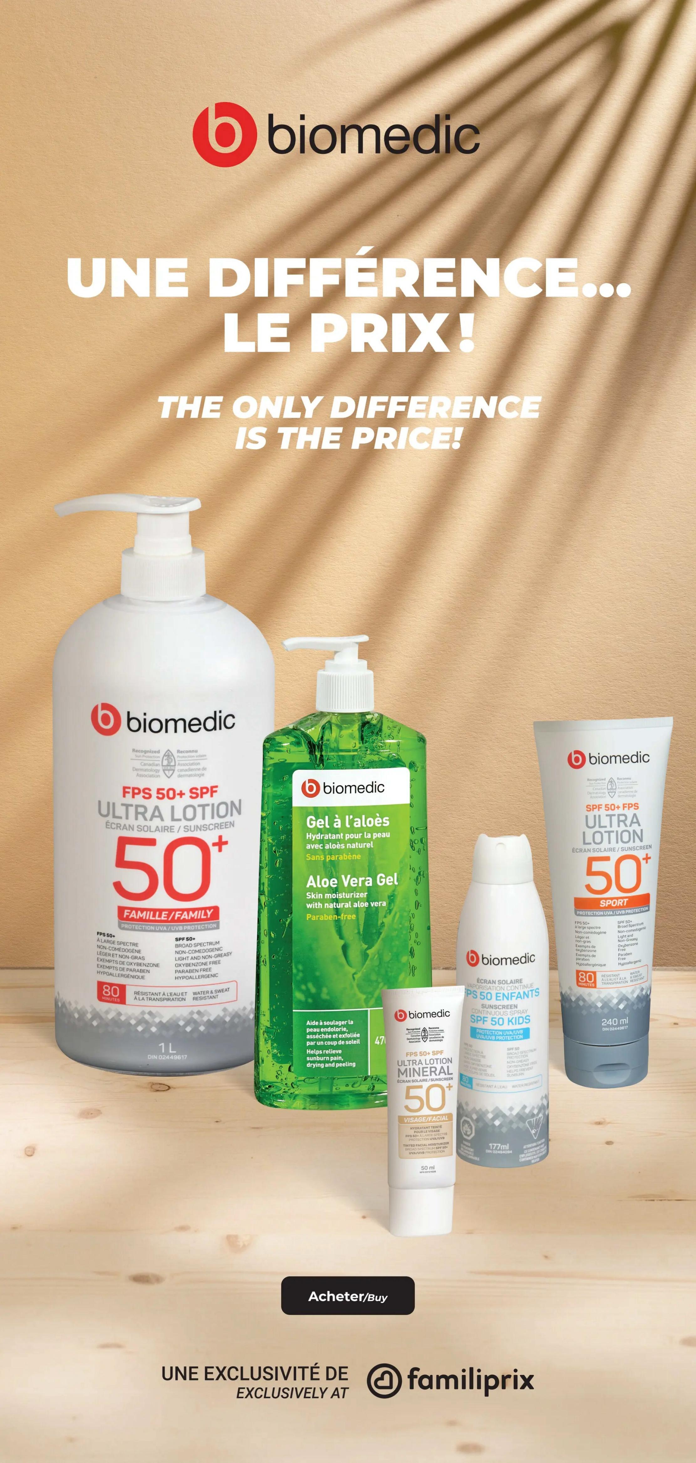 Familiprix flyer page 2 features a selection of Biomedic sun care products. The page highlights Biomedic SPF 50+ Ultra Lotion for family use in a 1L bottle, and a 240ml bottle of Biomedic SPF 50+ Ultra Lotion Sport. Also featured is Biomedic Aloe Vera Gel, a skin moisturizer with natural aloe vera, paraben-free. For children, Biomedic SPF 50 Kids Sunscreen Continuous Spray is shown, along with Biomedic SPF 50+ Tinted Facial Moisturizing Mineral Sunscreen. The text 'The only difference is the price!' is prominently displayed. A button reads 'Acheter/Buy' and the page indicates 'Une exclusivité de Familiprix / Exclusively at Familiprix.