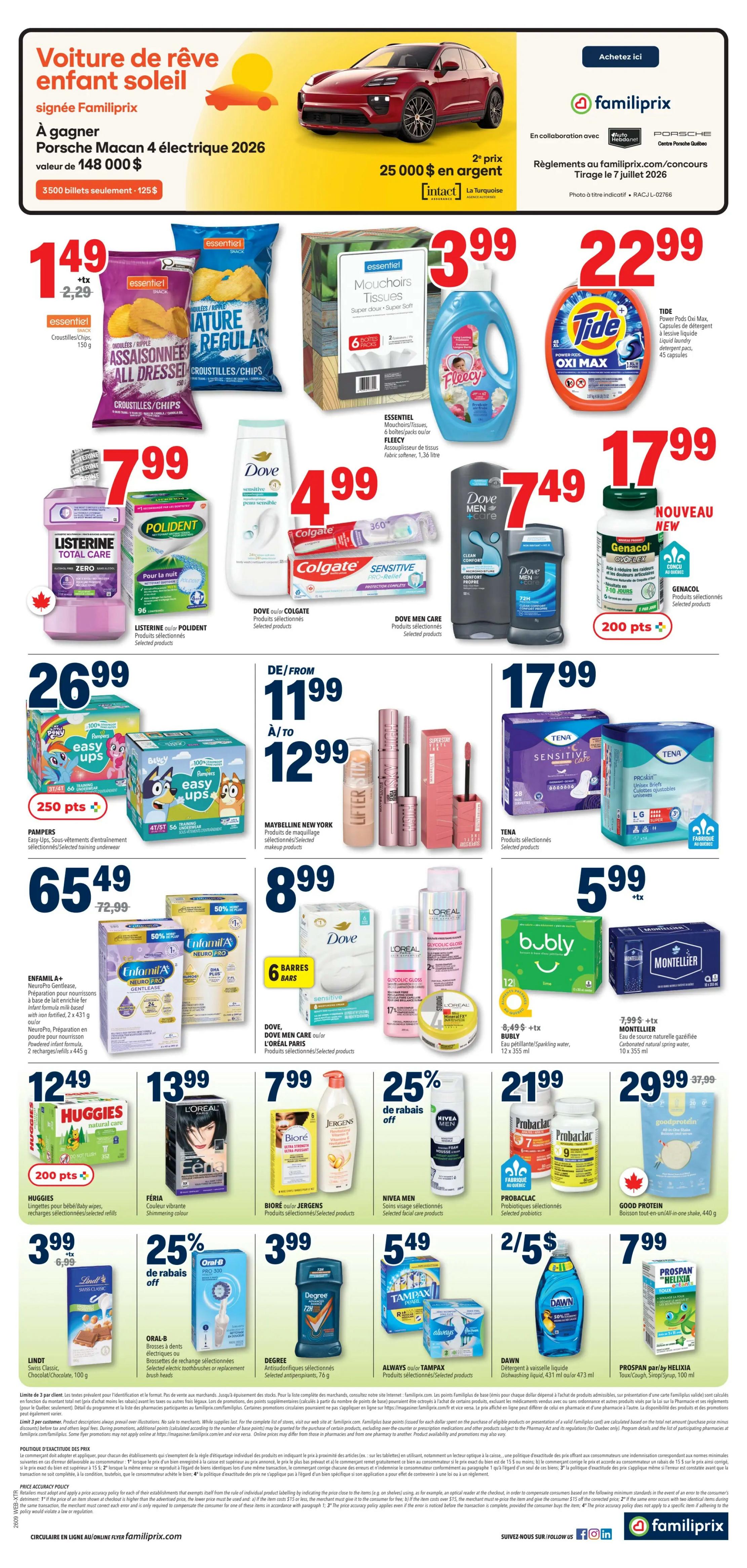 Familiprix flyer page 2 features a dream car contest for a 2026 Porsche Macan electric, valued at $148,000, with a second prize of $25,000 cash. Also on sale are Essentiel chips for $1.49, Nature Regular chips for $2.29, and Essentiel facial tissues for $2.99. Tide Power Pods Oxi Max laundry detergent is $22.99. Listerine Total Care mouthwash is $7.99, alongside Polident denture cleanser for $7.99. Dove Sensitive body wash is $4.99. Colgate toothpaste and Dove Men Care products are also featured. Pampers Easy-Ups training pants are $26.99 (originally $72.99), and Enfamil A+ NeuroPro Gentlelease formula is $65.49. Maybelline New York makeup products are $11.99 to $12.99. Tena Sensitive Care pads and ProSkin briefs are $17.99. L'Oréal Paris Glycolic Gloss hair care products are on sale, with a 17% discount on select items. Huggies natural care baby wipes are $12.49, with 200 bonus points. Féria shimmering hair colour is $13.99. Bioré Pore Strips and Jergens body lotion are $7.99. Bubly sparkling water 12-pack is $8.49 plus tax. Montellier natural spring water is $7.99 plus tax. Nivea Men shaving foam is 25% off. Probiotics from ProbaClac are $21.99. Good Protein all-in-one shake is $29.99. Lindt Swiss Classic chocolate is $3.99. Oral-B replacement brush heads are 2 for $5. Degree antiperspirant is $3.99. Always or Tampax products are featured. Dawn dishwashing liquid is $2/5. Prospan for kids cough syrup is $7.99.