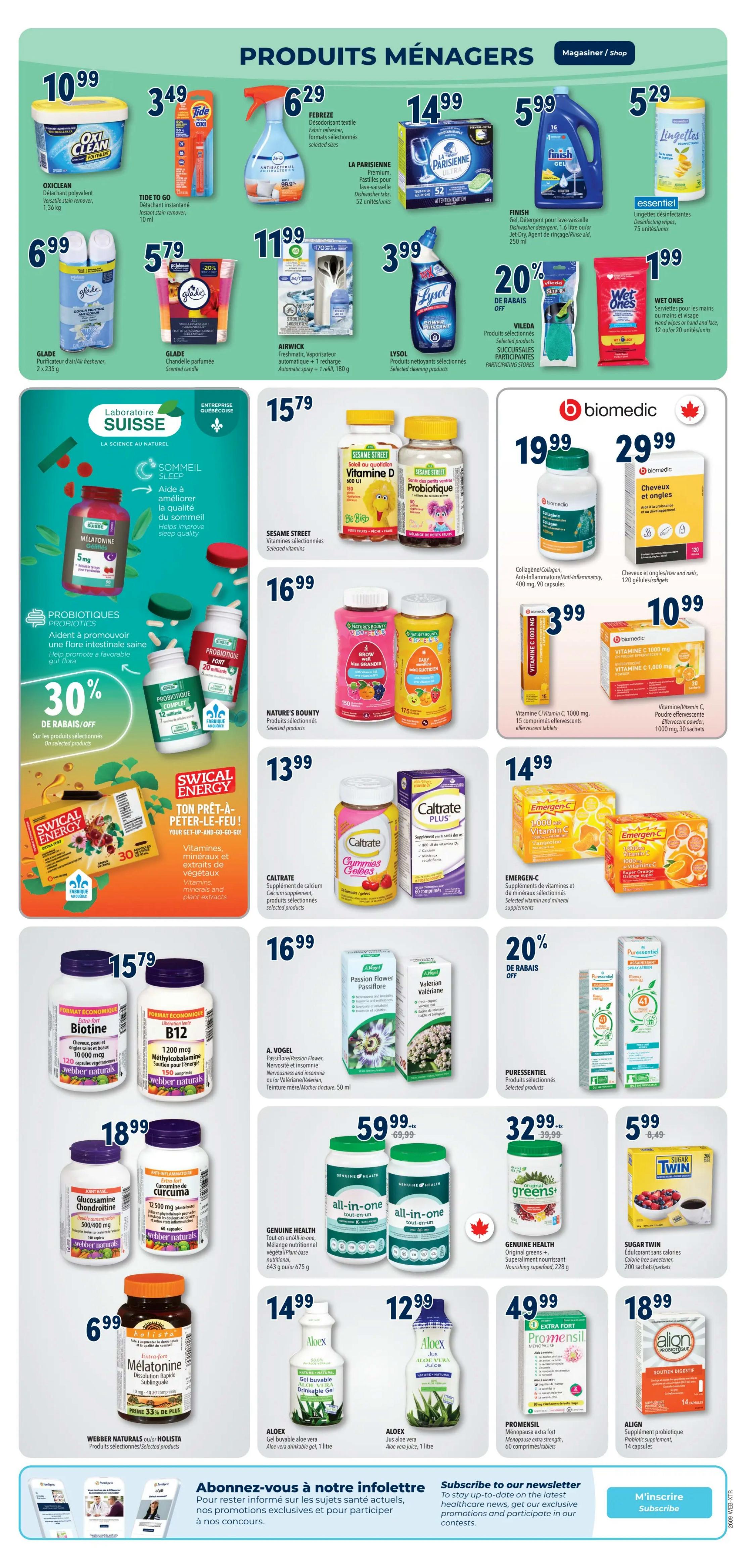 Familiprix flyer page 11 features household products and health supplements. Household items include Oxiclean Polivalent versatile stain remover for $10.99, Tide To Go instant stain remover for $3.49, Febreze fabric refresher for $6.29, La Parisienne ultra dishwasher tabs for $14.99, Finish gel dishwasher detergent for $5.99, and Essentiel disinfecting wipes for $5.29. Also available are Glade air fresheners, Lysol cleaning products, and Vileda cleaning cloths. Health supplements include Swiss Lab Melatonin gummies with 30% off, Nature's Bounty Probiotics, Sesame Street vitamins, Biomedic Collagen, Biomedic Hair and Nails supplements, Biomedic Vitamin C 1000 mg effervescent tablets and powder, Emergen-C Vitamin C supplements, Caltrate Plus calcium supplement, A. Vogel Passion Flower Valerian, Puressentiel essential oil spray, Webber Naturals Biotin and B12, Webber Naturals Glucosamine Chondroitin, Webber Naturals Curcumin, Genuine Health All-in-one nutritional supplement, Genuine Health Original Greens+, Sugar Twin calorie-free sweetener, Aloex aloe vera drinkable gel, and Promensil extra strength menopause supplement. Align probiotic supplement is also featured.