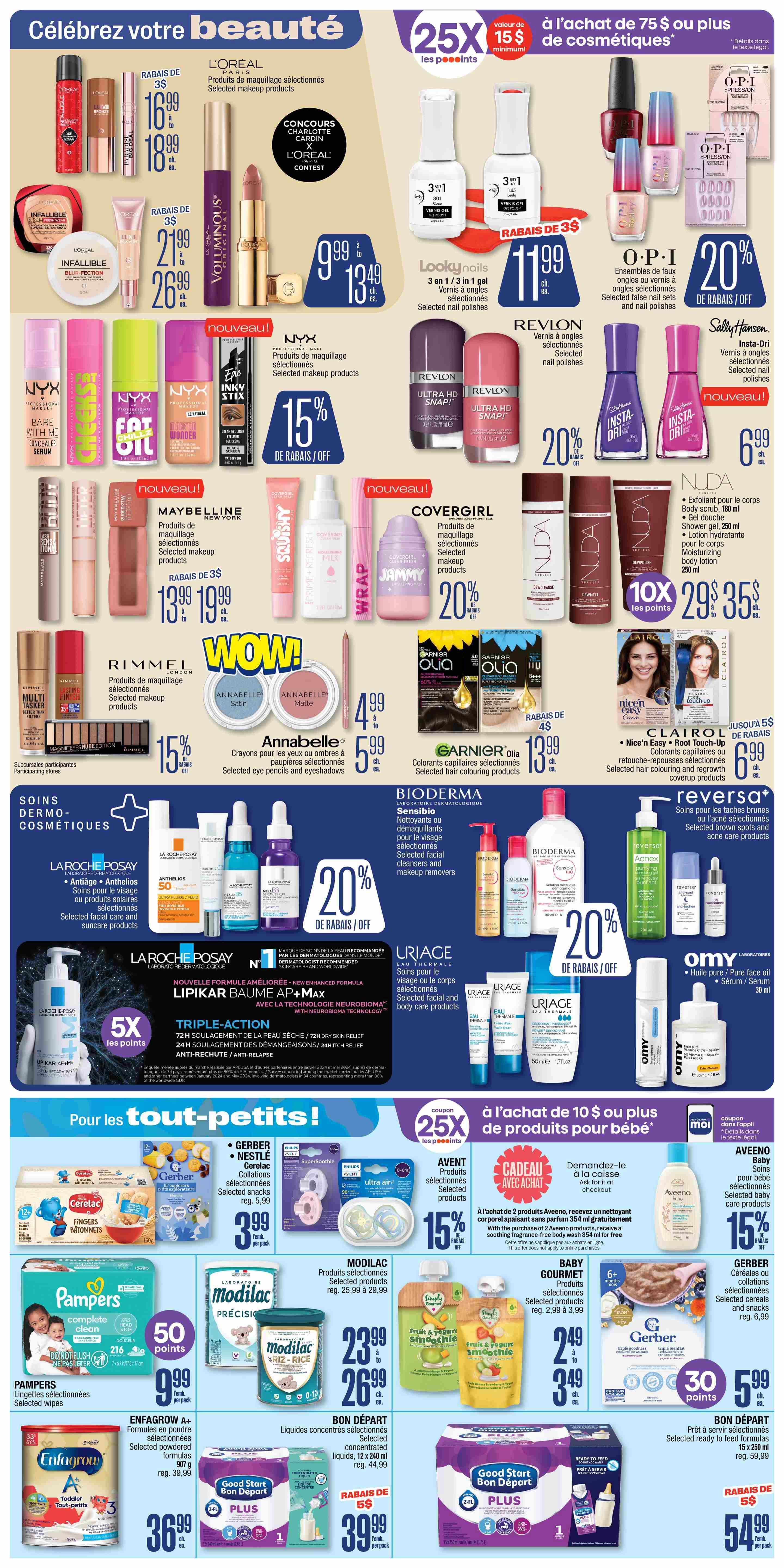 Jean Coutu weekly flyer specials page 5 features a wide selection of beauty and baby products. Top section highlights 'Celebrate your beauty' with deals on L'Oréal selected makeup products, including a 3$ discount, with prices ranging from $16.99 to $18.99, and another selection from $21.99 to $26.99. Also featured are OPI nail polishes and false nail sets with a 20% discount, and Sally Hansen Insta-Dri nail polishes for $6.99. Revlon selected nail polishes are 20% off. Maybelline selected makeup products are on sale from $13.99 to $19.99. NYX professional makeup, including concealer serum and fat oil lip gloss, is 15% off. Rimmel selected makeup products are 15% off. Annabelle selected eye pencils and eyeshadows are $4.99 to $5.99. Covergirl selected makeup products, including squish balm and clean fresh nourishing milk, are 20% off. Garnier Olia selected hair colouring products are $13.99 with a 4$ discount. Clairol Nice'n Easy and Root Touch-Up selected hair colouring products are $6.99 with a 5$ discount. The dermocosmetics section showcases La Roche-Posay selected facial care and suncare products with a 20% discount, including Anthelios, and Lipikar Baume AP+M. Bioderma Sensibio selected facial cleansers and makeup removers are 20% off. Uriage selected facial and body care products are 20% off. Reversa selected brown spots and acne care products are 20% off. Omy Pure Face Oil is featured. The 'For the little ones!' section includes Pampers selected wipes for $9.99 per pack, earning 50 points. EnfaGrow A+ selected powdered formulas are $36.99. Modilac selected products are $23.99 to $26.99. Gerber Cerelac selected snacks are $3.99 per pack. Gerber Cereal or collations selected products are $5.99 with 30 points. Avent selected products are 15% off. Aveeno Baby selected care products are 15% off. Baby Gourmet selected concentrated liquids are $2.49 to $3.49. Good Start Bon Départ ready-to-feed formulas are $54.99 with a 5$ discount.