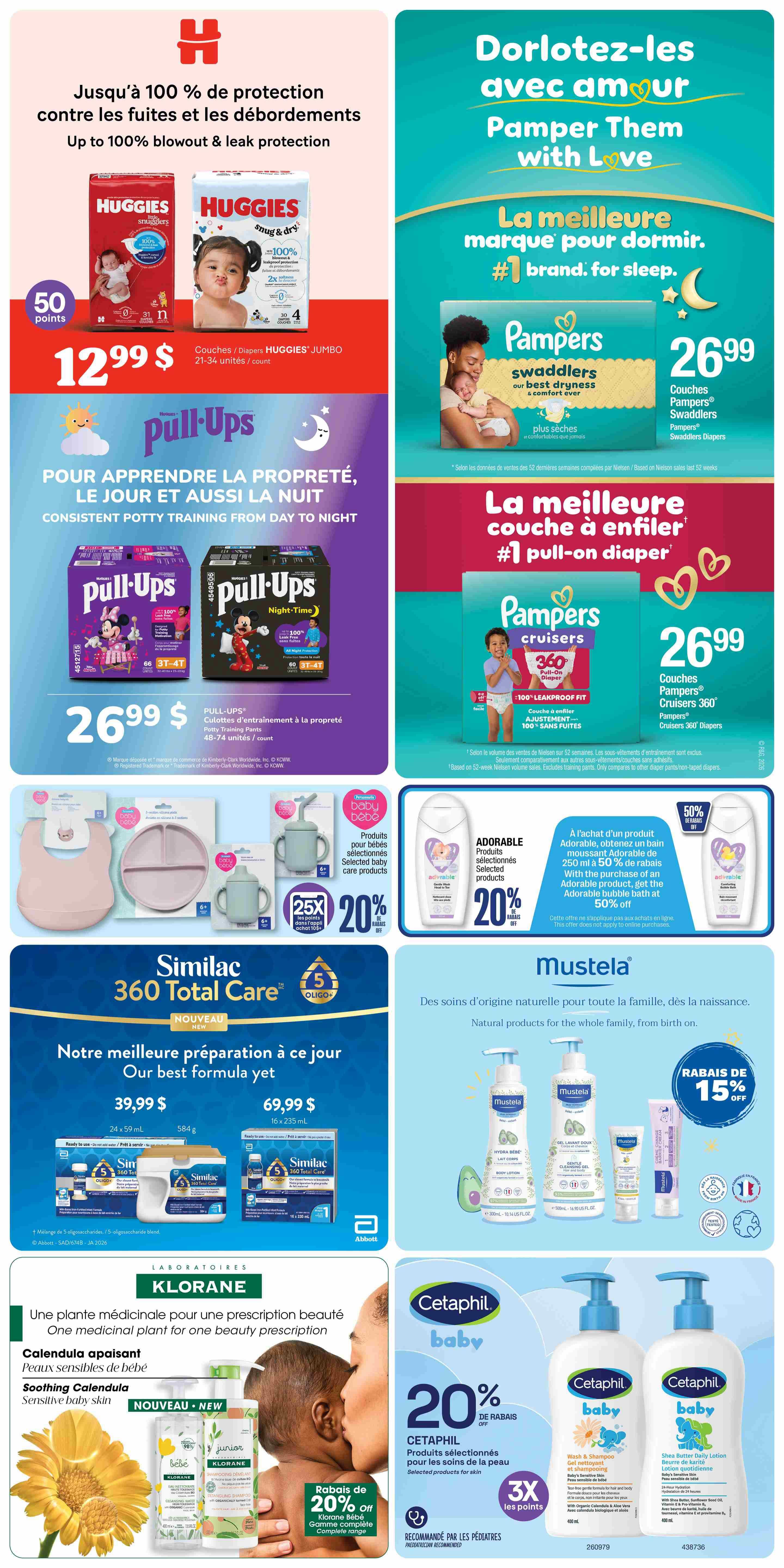 Jean Coutu weekly flyer specials page 9 features a variety of baby care products. Top section highlights Huggies diapers with 50 bonus points and a price of $12.99 for Jumbo packs (21-34 units). Also featured are Pull-Ups Potty Training Pants for $26.99 (48-74 units). Pampers Swaddlers diapers are $26.99, and Pampers Cruisers 360° Pull-On Diapers are also $26.99. Mid-section includes Personnelle Baby Bebe selected products with a 20% discount when spending $10+, offering 25x loyalty points. Similac 360 Total Care formula is available in 24 x 59 mL for $39.99 and 16 x 235 mL for $69.99. Mustela natural baby products are on sale with a 15% discount. Klorane offers a Soothing Calendula Cleansing Water and a Junior Detangling Shampoo with a 20% discount. The bottom section showcases Cetaphil baby selected skin care products, including Wash & Shampoo and Shea Butter Daily Lotion, with a 20% discount and 3x loyalty points. The flyer is valid from February 26 to March 4, 2026.