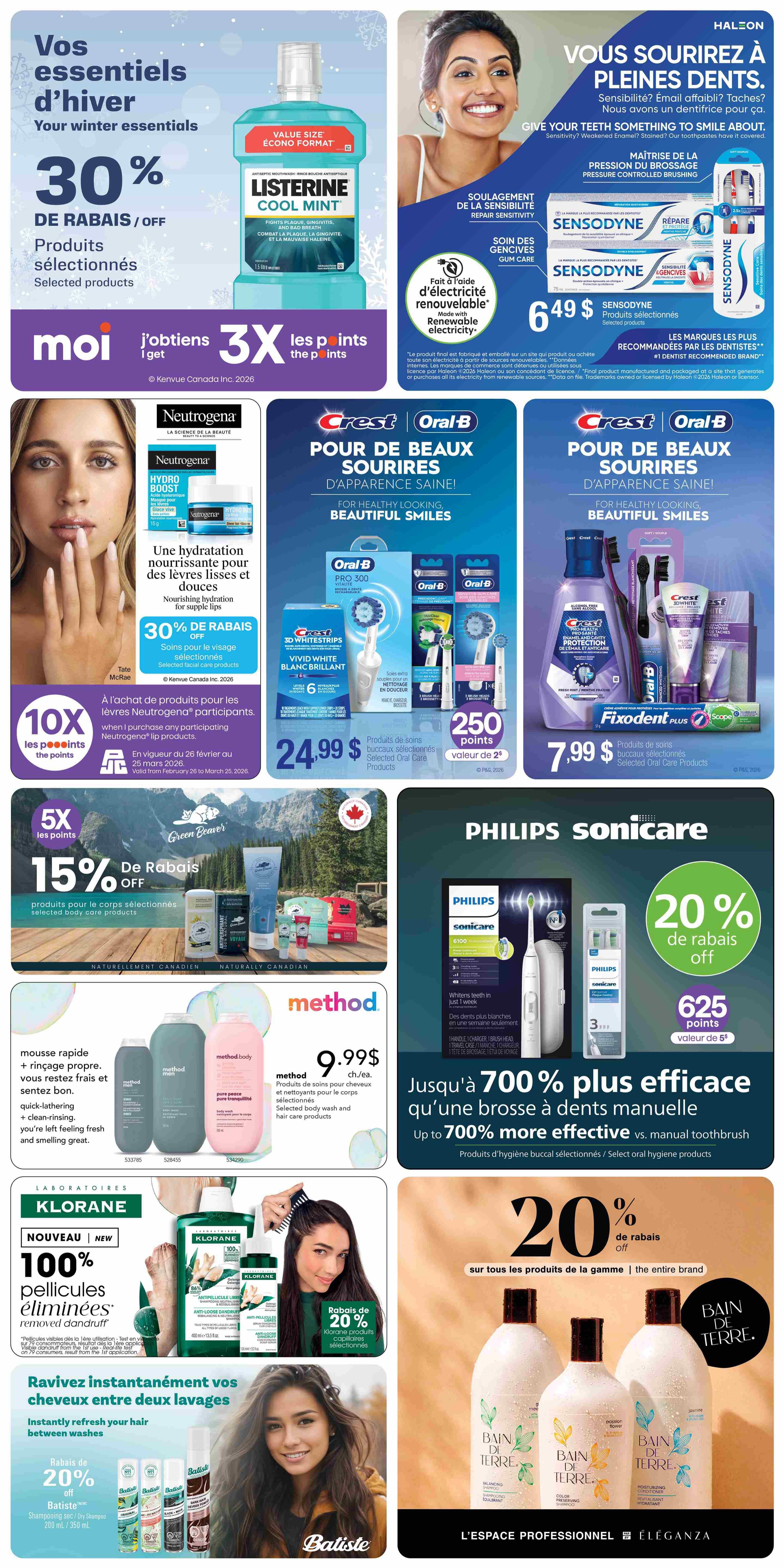 Jean Coutu flyer page 10 features winter essentials with 30% off selected products, including Listerine Cool Mint mouthwash. Moi members get 3x points on selected purchases. Neutrogena Hydro Boost for lips is 30% off selected facial care products, and participants get 10x points on Neutrogena lip products from February 26 to March 25. Sensodyne toothpaste and selected oral care products are $6.49. Crest 3D Whitestrips and Oral-B Pro 3000 toothbrush are $24.99. Green Beaver selected body care products are 15% off. Method body wash and hair care products are $9.99 each. Philips Sonicare toothbrushes and accessories are 20% off, offering 625 points ($5 value). Klorane selected hair care products are 20% off. Batiste dry shampoo is 20% off. Bains de Terre shampoos and conditioners are featured. The page also highlights oral hygiene products that are up to 700% more effective than manual toothbrushes.