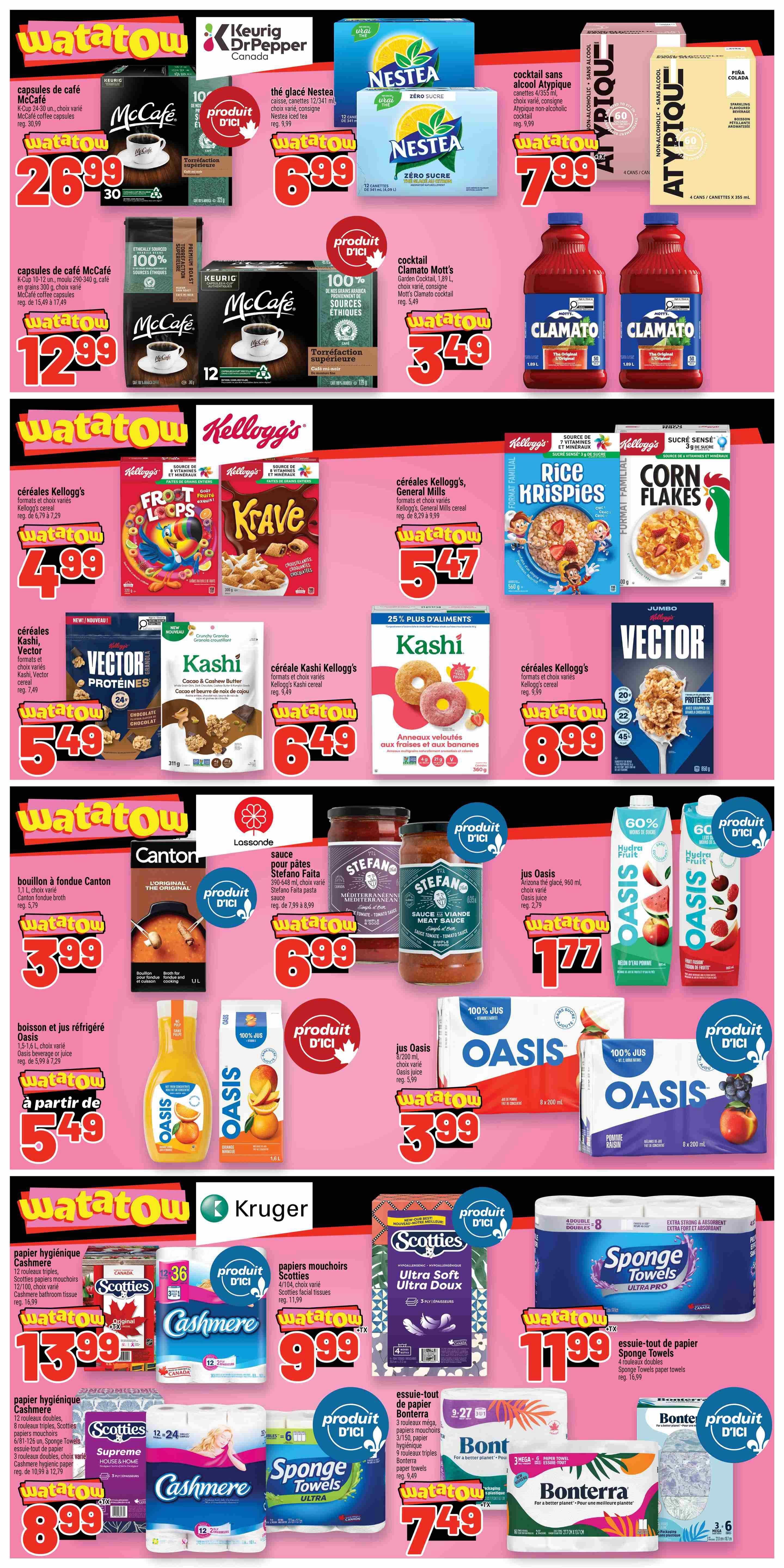 Metro weekly flyer specials page 5 features McCafe K-Cup coffee capsules for $26.99, and McCafe coffee capsules (300g) for $12.99. Also on sale is Nestea iced tea for $6.99. Atypique non-alcoholic cocktails are $7.99. Mott's Clamato cocktail (1.89 L) is $3.49. Kellogg's cereals, including Froot Loops, Krave, Rice Krispies, Corn Flakes, and Vector Protein, are featured with prices like $5.49 for Kellogg's cereals, $8.99 for Kellogg's Vector cereal, and $6.49 for Kashi cereal. Canton broth is $3.99. Stefano Faita pasta sauce is $6.99. Oasis juice (960 ml) is $1.77, and Oasis beverage or juice (1.6 L) starts at $5.49. Kruger products include Cashmere bathroom tissue (12 double rolls) for $13.99, and Scotties Supreme facial tissues for $9.99. Sponge Towels (4 double rolls) are $11.99. Bonterra paper towels (3 mega rolls) are $7.49.