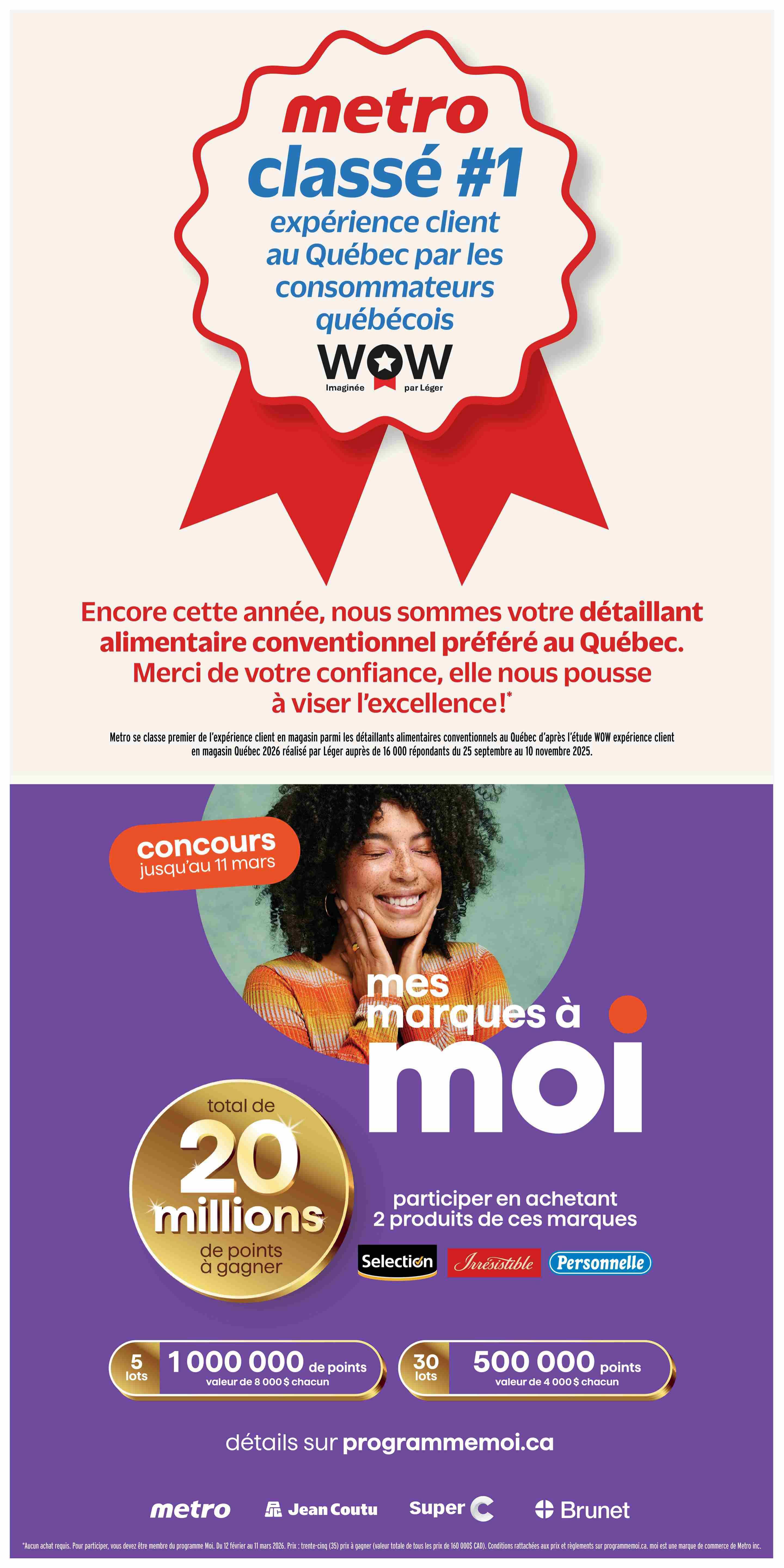 Metro flyer page 6 highlights the store's recognition as the preferred grocery retailer in Quebec for customer experience, based on a WOW customer experience study by Léger. The page features a contest 'Mes Marques à Moi' (My Brands to Me) running until March 11th, with a total of 20 million points to be won. Participants can enter by purchasing products from participating brands: Sélection, Irresistible, and Personnelle. There are 5 prizes of 1,000,000 points each, valued at $8,000 per prize, and 30 prizes of 500,000 points each, valued at $4,000 per prize. Details are available on programmemoi.ca. The page also displays the Metro, Jean Coutu, Super C, and Brunet logos.