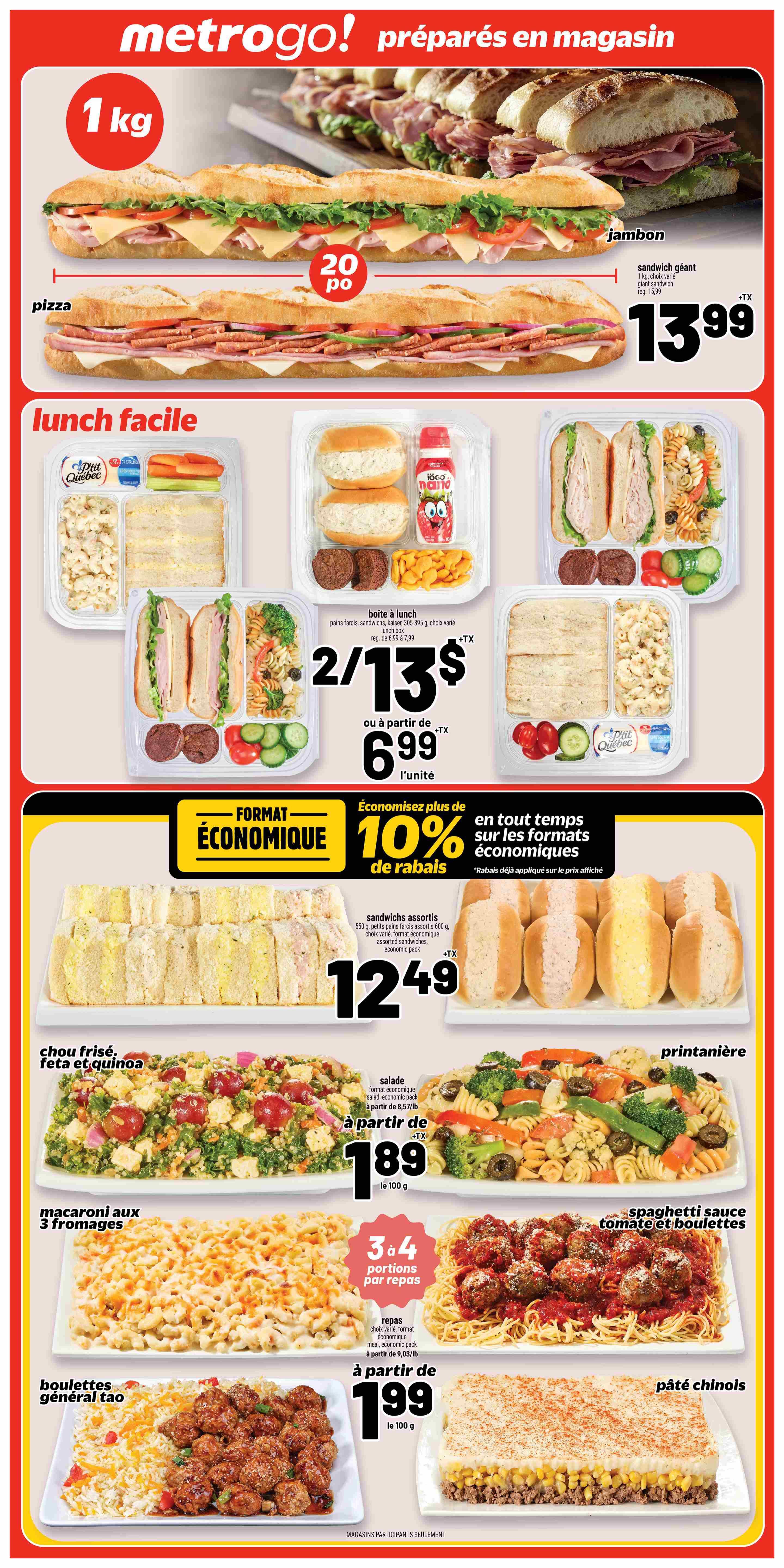 Metro flyer page 14 features a 1 kg giant sandwich for $13.99. The 'lunch facile' section offers various meal options: a lunch box with sandwiches, pasta salad, and a drink for 2 for $13 or $6.99 each. Also available are assorted sandwiches for $12.49, and mini sandwiches for $12.49. Side dishes include kale, feta, and quinoa salad for $18.99, spring vegetable pasta salad for $18.99, three-cheese macaroni starting at $3.99 per 100g, General Tao meatballs with rice for $19.99, and shepherd's pie for $19.99. There is a 10% discount on economic format items.