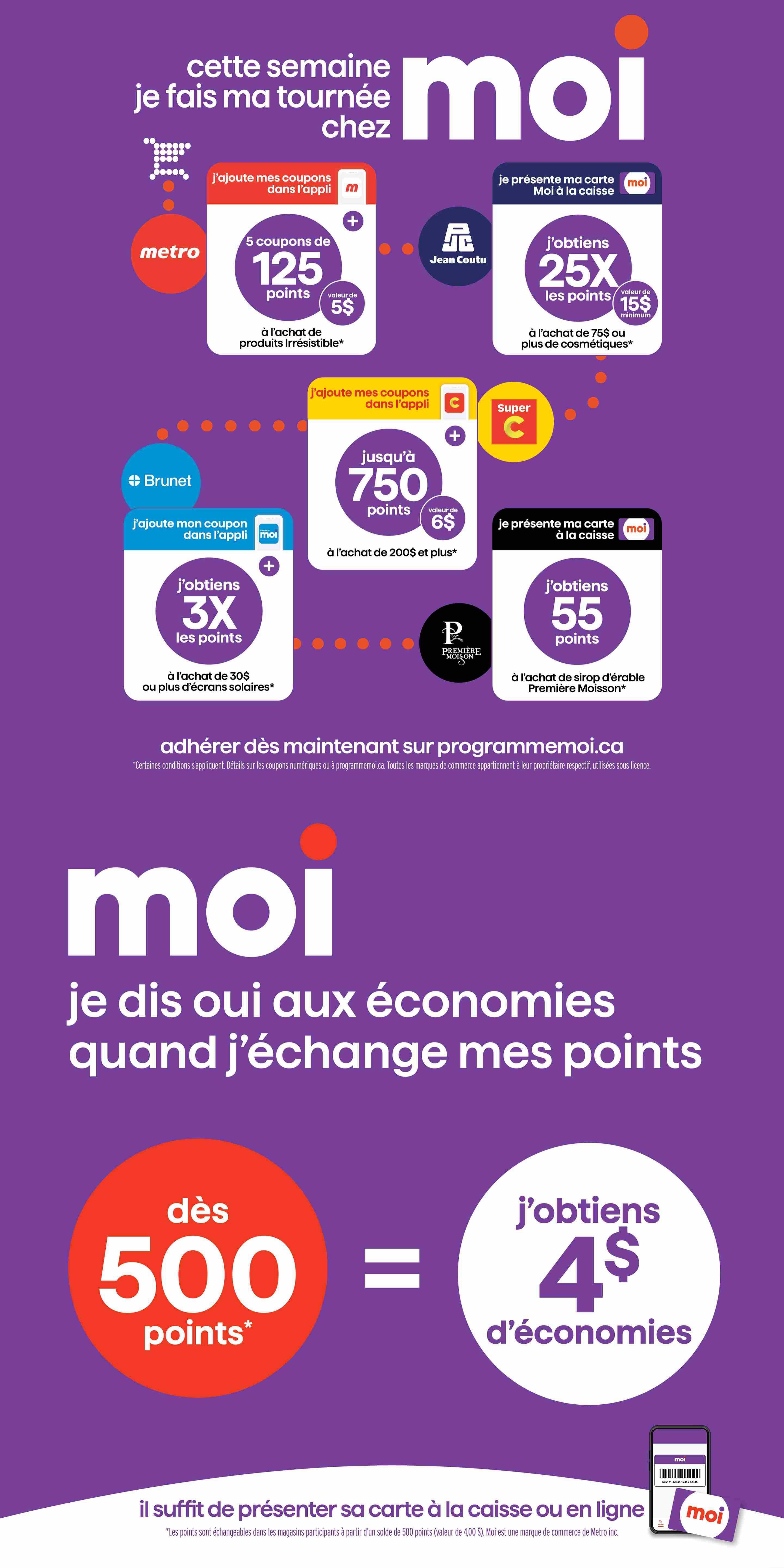 Metro Moi flyer page showcasing savings and points. Offers include: add coupons in the app for Metro to get 5 coupons worth $5 on irresistible products; Jean Coutu offers 25x points, equivalent to $15 minimum, with a $75 purchase of cosmetics; Brunet offers 3x points on purchases of $30 or more of sunscreen; Super C offers up to 750 points, worth $6, with a $200 purchase; and Première Moisson offers 55 points with the purchase of maple syrup. The page also highlights that 500 points are redeemable for $4 in savings, and that points can be exchanged in participating stores or online by presenting your Moi card.