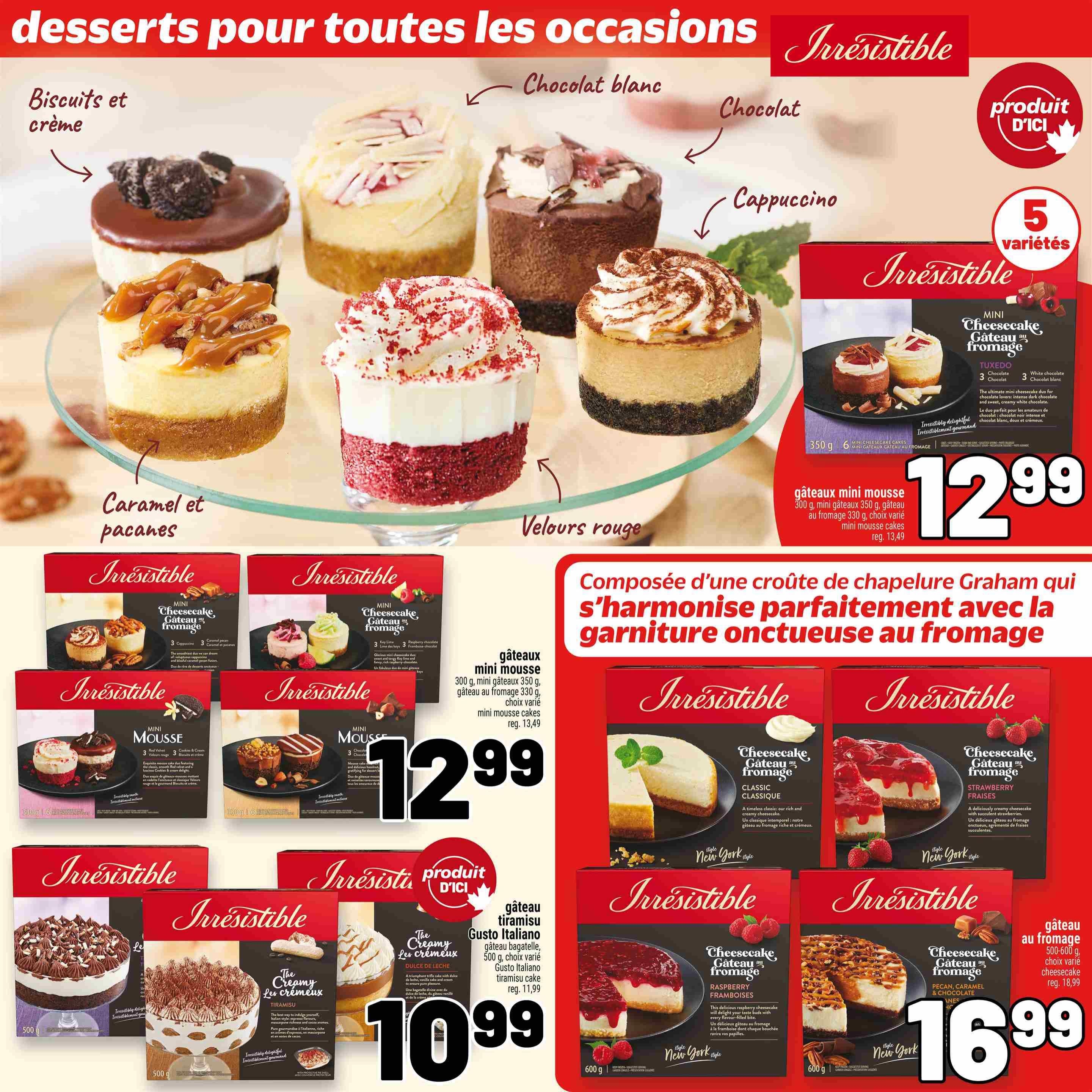 Metro Quebec weekly flyer specials, page 28, features Irresistible desserts for all occasions. Pictured are various mini cheesecakes and cakes including: Mini Tuxedo Cheesecake (3 chocolate, 3 white chocolate) for $12.99; Mini Mousse Cakes in various flavours like Red Velvet, Cookies & Cream, and Chocolate Hazelnut; Mini Cheesecake cakes in Caramel Pecan, Cappuccino, and Raspberry Chocolate flavours. Also featured are larger Irresistible cakes: a Tiramisu Gusto Italiano cake (500g) for $10.99, and a New York style Pecan, Caramel & Chocolate Cheesecake (600g) for $16.99. A large cheesecake with graham cracker crust is highlighted with the text 'Composed of a graham cracker crust that harmonizes perfectly with the creamy cheesecake.