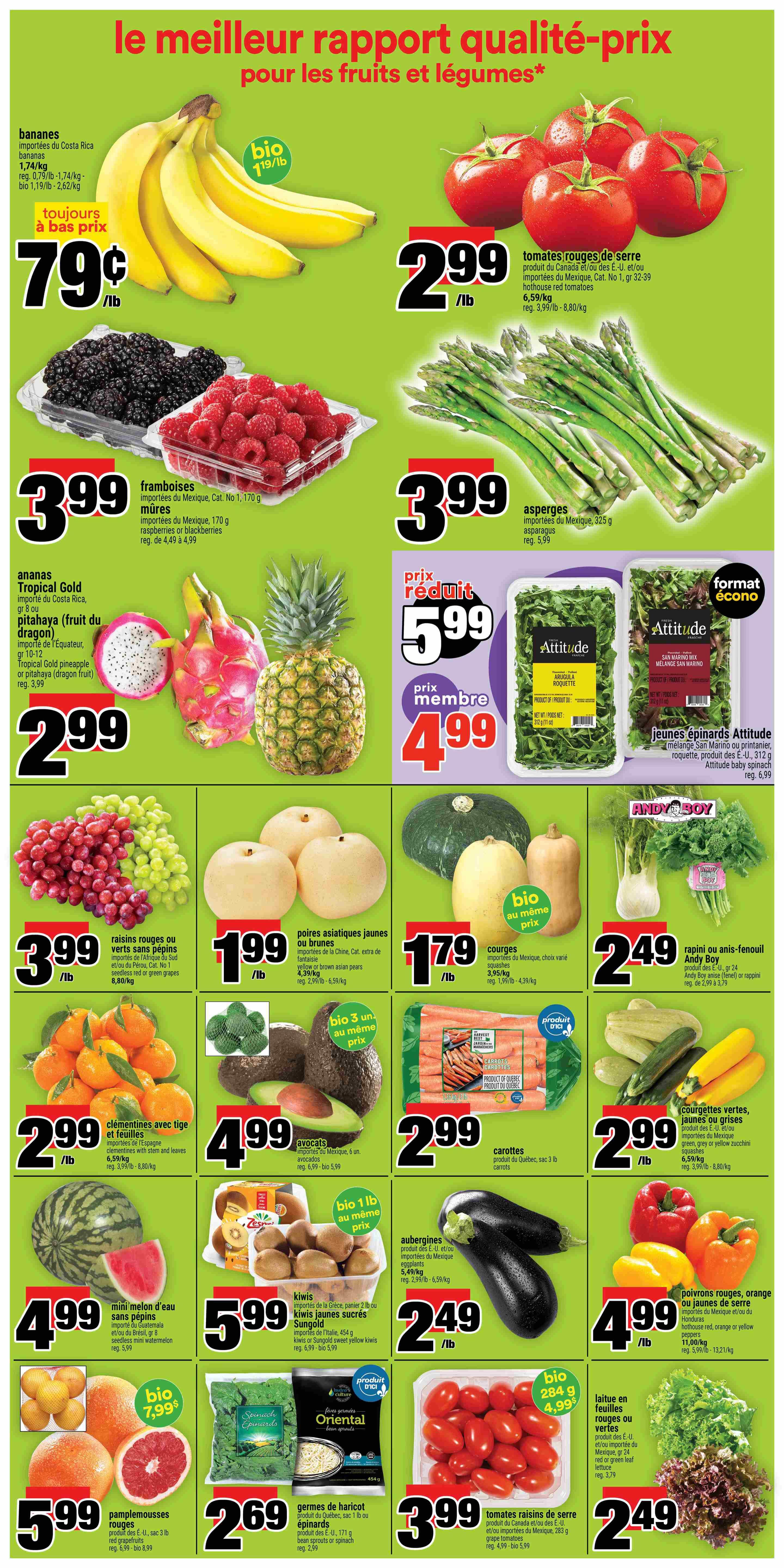 Super C weekly flyer specials page 4 features a wide variety of fresh fruits and vegetables. Highlights include bananas imported from Costa Rica for $0.79/lb, regular price $0.79-$1.74/lb, and organic bananas for $1.19/lb, regular price $1.19-$2.62/kg. Also featured are hothouse red tomatoes for $2.99/lb, regular price $3.99/lb-$8.80/kg. Blackberries and raspberries are available for $3.99 per container. Asparagus from Mexico is $3.99/lb, regular price $5.99/lb. Tropical Gold pineapples and pitahaya (dragon fruit) are $2.99 each. Red or green seedless grapes are $3.99/lb, regular price $8.80/kg. Yellow or brown Asian pears are $1.99/lb, regular price $2.99/lb-$6.59/kg. Various squashes, including pumpkins and butternut squash, are $1.79/lb, regular price $1.99/lb-$4.39/kg. Andy Boy rapini or fennel is $2.49/lb, regular price $2.99-$3.79. Stem and leaf clementines are $2.99/lb, regular price $3.99/lb-$8.80/kg. Avocados (6 count) are $4.99, regular price $6.99-$5.99. Mini watermelon is $4.99. Sweet yellow kiwis from Italy are $5.99 per 454g container, regular price $6.99-$5.99. Carrots from Quebec are $2.99 per 3 lb bag. Green, grey, or yellow zucchini are $2.99/lb, regular price $3.99/lb-$8.80/kg. Eggplants are $5.49/kg, regular price $2.99/lb-$6.59/kg. Hothouse red, orange, or yellow peppers are $4.99/lb, regular price $5.99/lb-$13.21/kg. Red or green leaf lettuce is $2.49 per head. Grape tomatoes are $3.99 per 283g container, regular price $4.99-$5.99. Bean sprouts or spinach are $2.99 per 171g package. Organic red grapefruit are $5.99 per 3 lb bag, regular price $6.99-$8.99. Attitude baby spinach mix is $4.99 for the economy size 312g package, regular price $6.99.