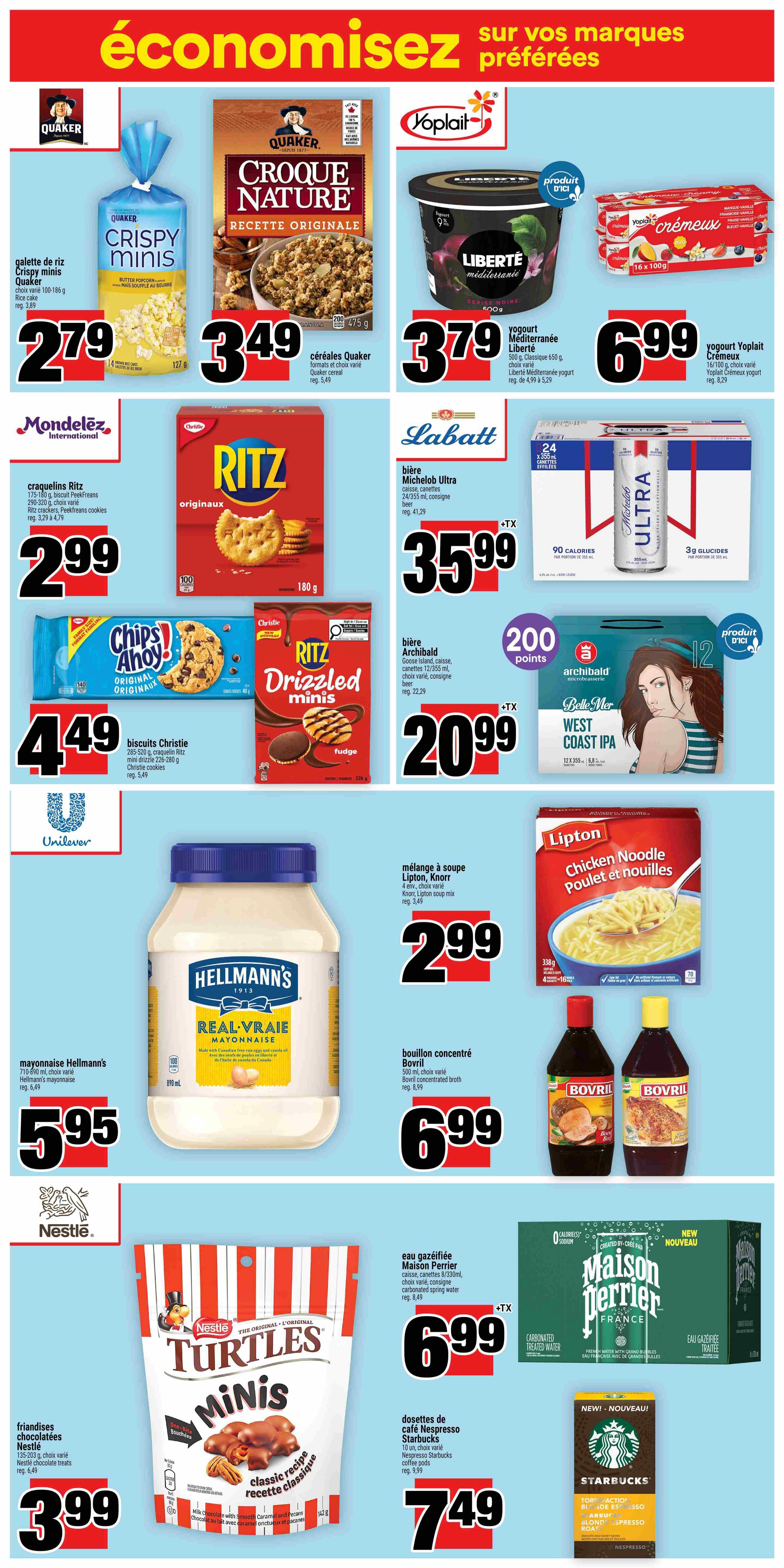 Super C weekly flyer specials page 13 featuring Quaker Crispy Minis rice cakes for $2.79, Quaker Croque Nature cereal for $3.49, Liberté Méditerranée yogurt for $3.79, and Yoplait Crèmeux yogurt for $6.99. Also on sale are Christie Ritz crackers and cookies for $2.99, Chips Ahoy! cookies for $4.49, Hellmann's mayonnaise for $5.95, Bovril concentrated broth for $6.99, Labatt Michelob Ultra beer for $35.99, and Archibald Belle Mer West Coast IPA beer for $20.99. Nestlé Turtles Minis chocolate treats are $3.99, Maison Perrier carbonated water is $6.99, and Starbucks Nespresso coffee pods are $7.49.