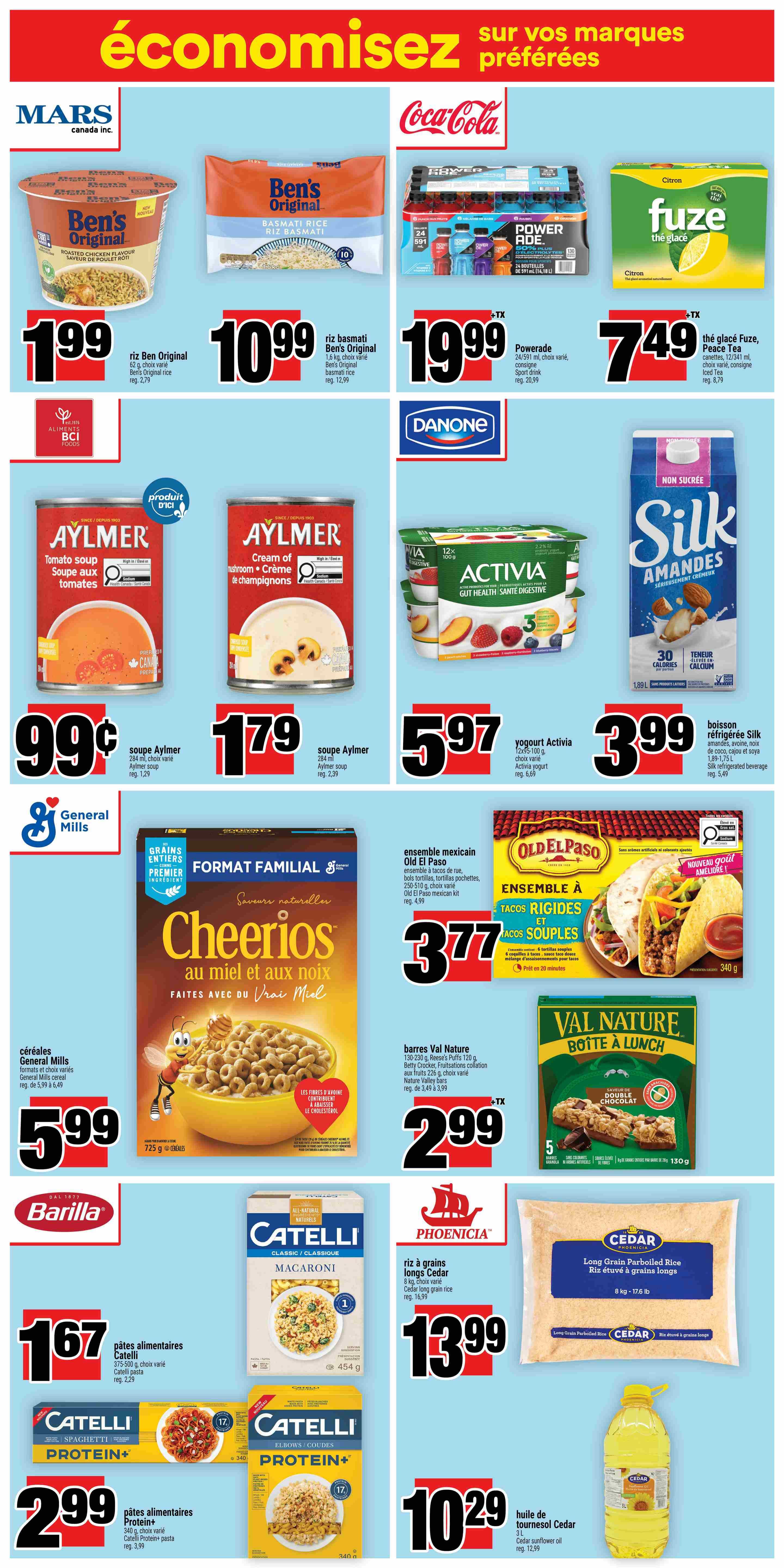 Super C weekly flyer specials page 14 features Ben's Original Roasted Chicken Flavour Rice for $1.99, Ben's Original Basmati Rice 1.6 kg for $10.99 (regularly $12.99), Powerade 24x591 ml assorted sport drinks for $19.99 (regularly $20.99), and Fuze Iced Tea 12x341 ml assorted flavours for $7.49 (regularly $8.79). Also featured are Aylmer Tomato Soup for $0.99 (regularly $1.29), Aylmer Cream of Mushroom Soup for $1.79 (regularly $2.39), Activia yogurt 12x100 g assorted flavours for $5.97, and Silk Almond beverage 1.89 L for $3.99 (regularly $5.49). General Mills Cheerios Honey Nut Cereal family size 725 g is on sale for $5.99 (regularly $6.49). Old El Paso Hard and Soft Taco Kit is $3.77. Val Nature Double Chocolate bars 5-pack is $2.99. Catelli pasta 375-500 g assorted varieties are $1.67 (regularly $2.29). Catelli Spaghetti Protein+ pasta 340 g is $2.99 (regularly $3.99). Cedar Long Grain Parboiled Rice 8 kg is $13.99 (regularly $16.99). Cedar Sunflower Oil 3 L is $10.29 (regularly $12.99).