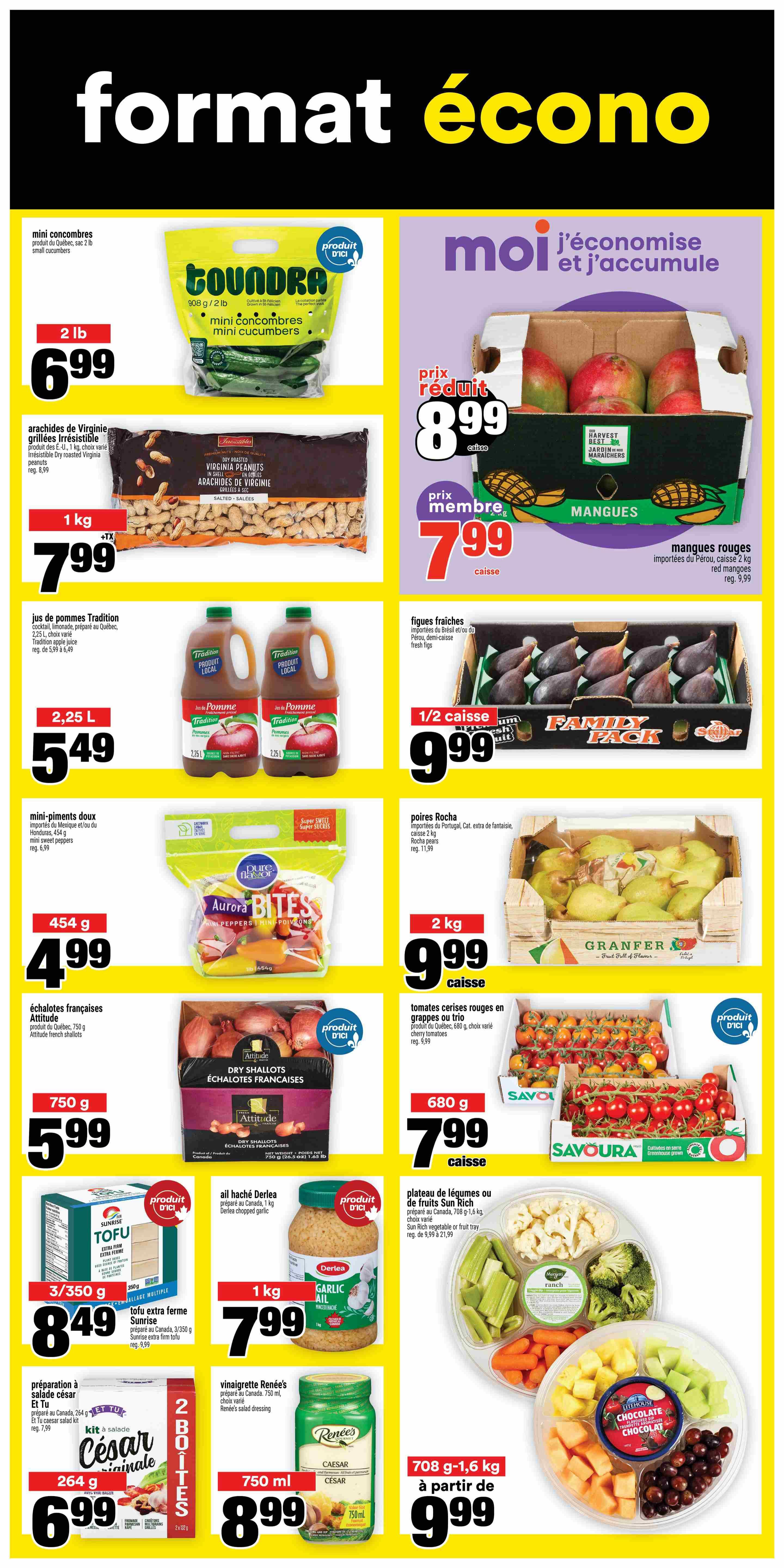 Super C weekly flyer specials page 16 features a variety of produce and grocery items. On sale are Toundra mini cucumbers, 2 lb bag for $6.99. Irresistible dry roasted Virginia peanuts, 1 kg bag for $7.99. Tradition apple juice, 2.25 L bottles, 2 for $5.49, regular price $5.99. Imported red mangoes from Peru, 2 kg case for $8.99, member price, regular price $9.99. Fresh figs from Brazil or Peru, half case for $9.99. Aurora Bites mini sweet peppers from Mexico or Honduras, 454 g bag for $4.99, regular price $6.99. Attitude French shallots from Quebec, 750 g bag for $5.99. Granfer Rocha pears from Portugal, 2 kg case for $9.99, regular price $11.99. Savoura red cherry tomatoes from Quebec, 680 g case for $7.99, regular price $9.99. Sunrise extra firm tofu, 3 x 350 g package for $3.49, regular price $9.99. Derlea chopped garlic, 1 kg jar for $7.99. Et Tu Caesar salad kit, 264 g, 2 boxes for $6.99, regular price $7.99. Renée's gourmet Caesar salad dressing, 750 ml bottle for $8.99. Sun Rich vegetable or fruit tray, 708 g-1.6 kg, starting at $9.99.