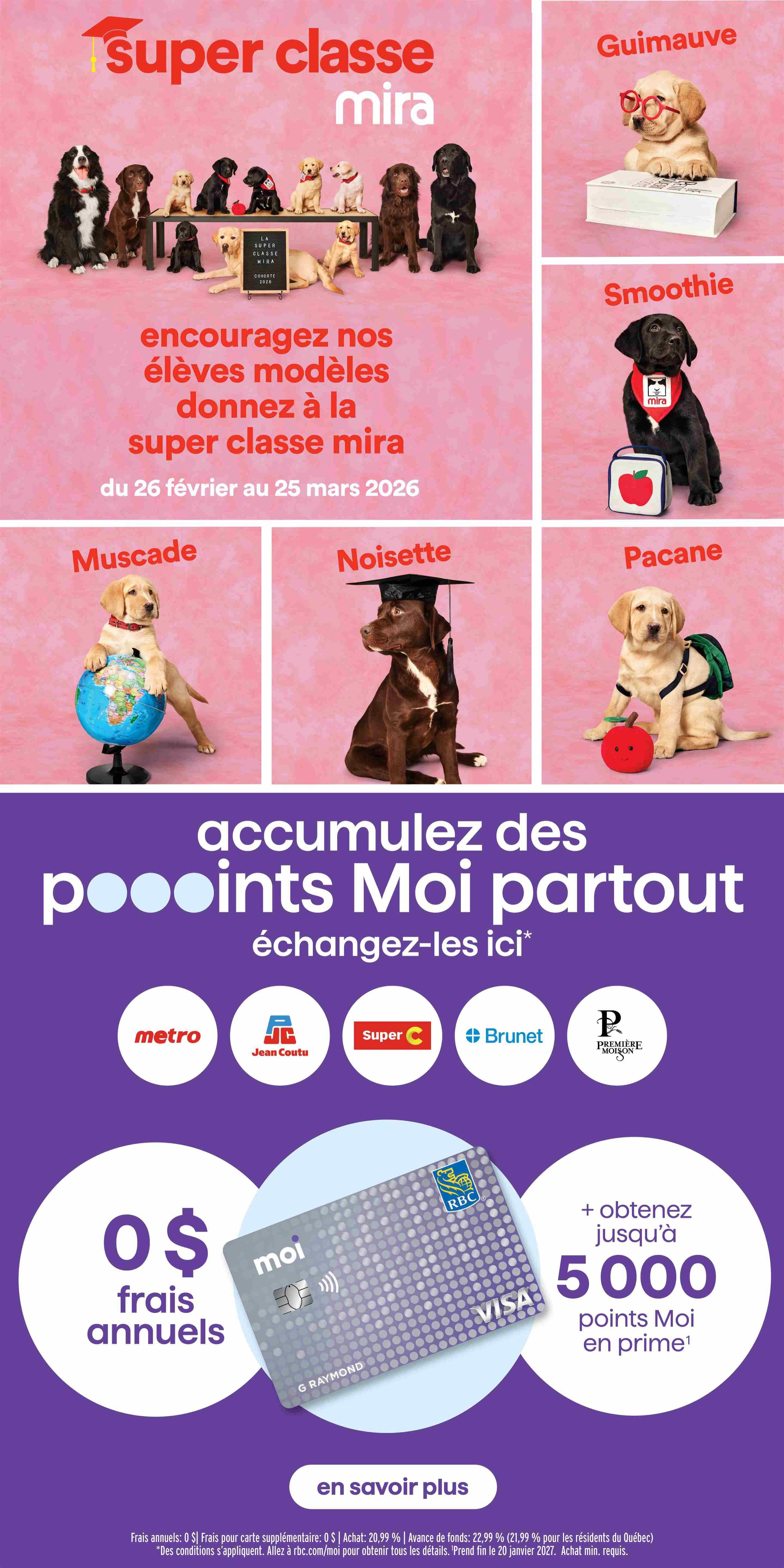 Super C flyer page featuring the 'Super Classe Mira' program with adorable puppies dressed for school. Pictured are puppies named Guimauve, Smoothie, Muscade, Noisette, and Pacane. The page also promotes accumulating Moi points with partners like Metro, Jean Coutu, Super C, Brunet, and Première Moisson. It highlights a special offer for an RBC Visa card with 0$ annual fees and up to 5,000 Moi points upon prime. The promotion runs from February 26 to March 25.