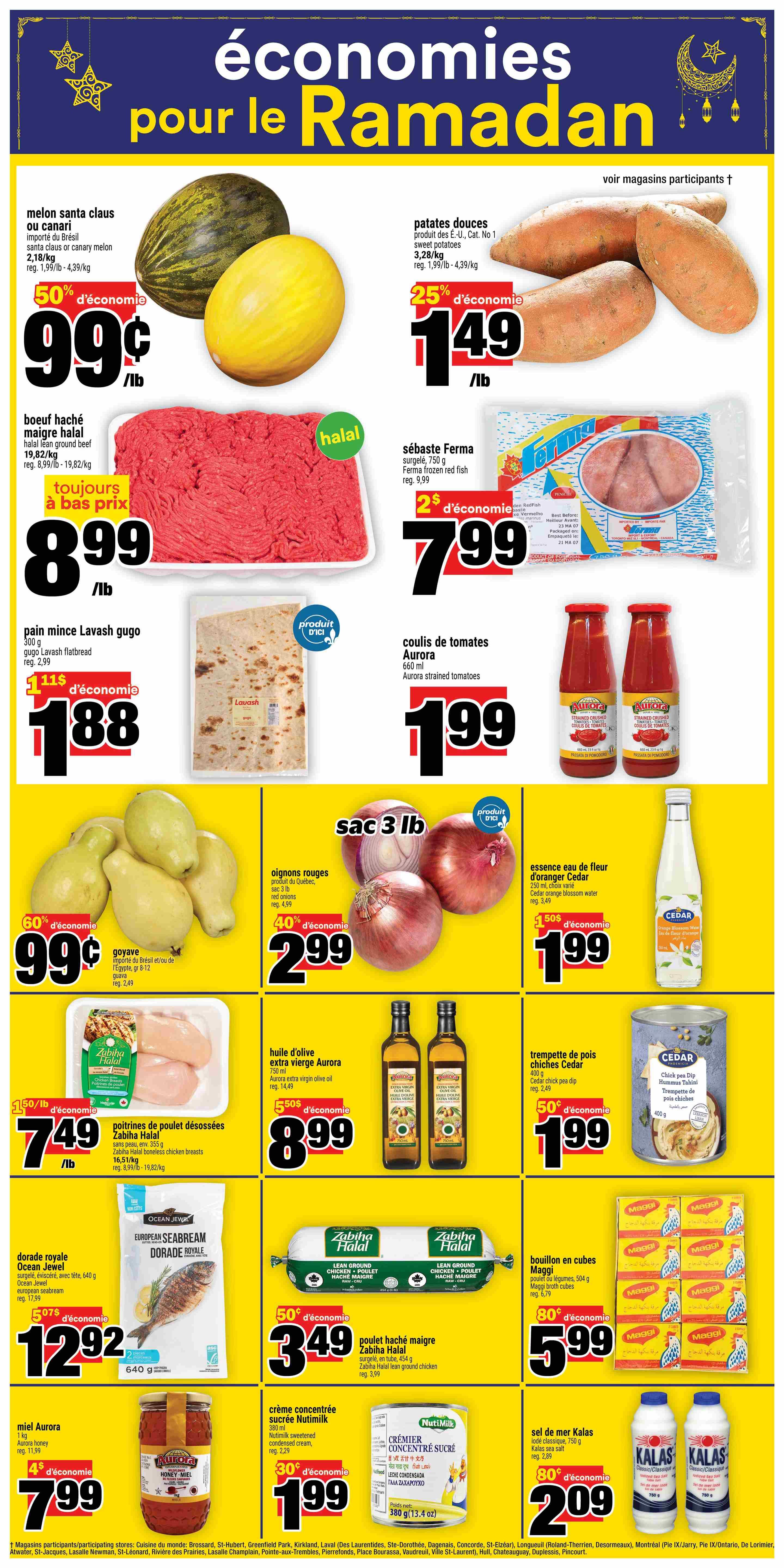 Super C weekly flyer specials page 20 features a variety of food items. Enjoy Santa Claus or canary melons for $0.99/lb with a 50% saving. Halal lean ground beef is available for $8.99/lb, with a 'always at a low price' tag. Gugo Lavash flatbread is on sale for $1.88, a saving of $1.11. Sweet potatoes are priced at $1.49/lb, a 25% discount. Ferma frozen red fish (750g) is on special for $7.99, a $2 saving. Red onions (3 lb bag) are 40% off, selling for $2.99. Guava is $0.99/lb, a 60% saving. Zabiha Halal boneless chicken breasts are $7.49/lb, a 50% saving. Ocean Jewel European seabream (640g) is $12.92, a $5.07 saving. Aurora extra virgin olive oil (750ml) is $8.99, a 50% saving. Cedar orange blossom water (250ml) is $1.99, a $1.50 saving. Cedar chick pea dip hummus tahini (400g) is $1.99, a 50% saving. Maggi broth cubes (504g) are $5.99, an 80% saving. Aurora honey (1kg) is $7.99, a $4 saving. Nutimilk sweetened condensed cream (380ml) is $1.99, a 30% saving. Kalas sea salt (750g) is $2.09, an 80% saving.