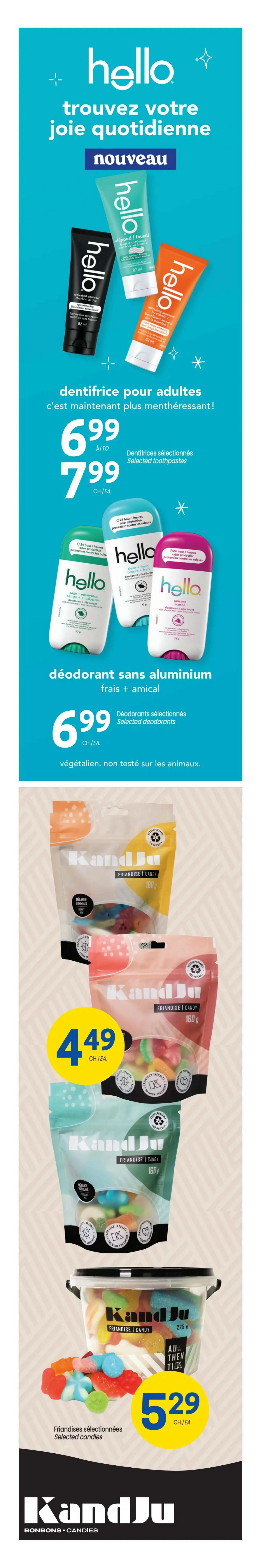 Uniprix flyer page 3 features Hello brand personal care products and KandJu candies. Highlighted are selected Hello toothpastes for adults, available at $6.99 each, with a regular price of $7.99. Also featured are selected Hello aluminum-free deodorants for $6.99 each, described as fresh, friendly, vegan, and not tested on animals. The page also showcases KandJu candies, with various 160g bags priced at $4.49 each, and a larger 225g tub of selected candies for $5.29.