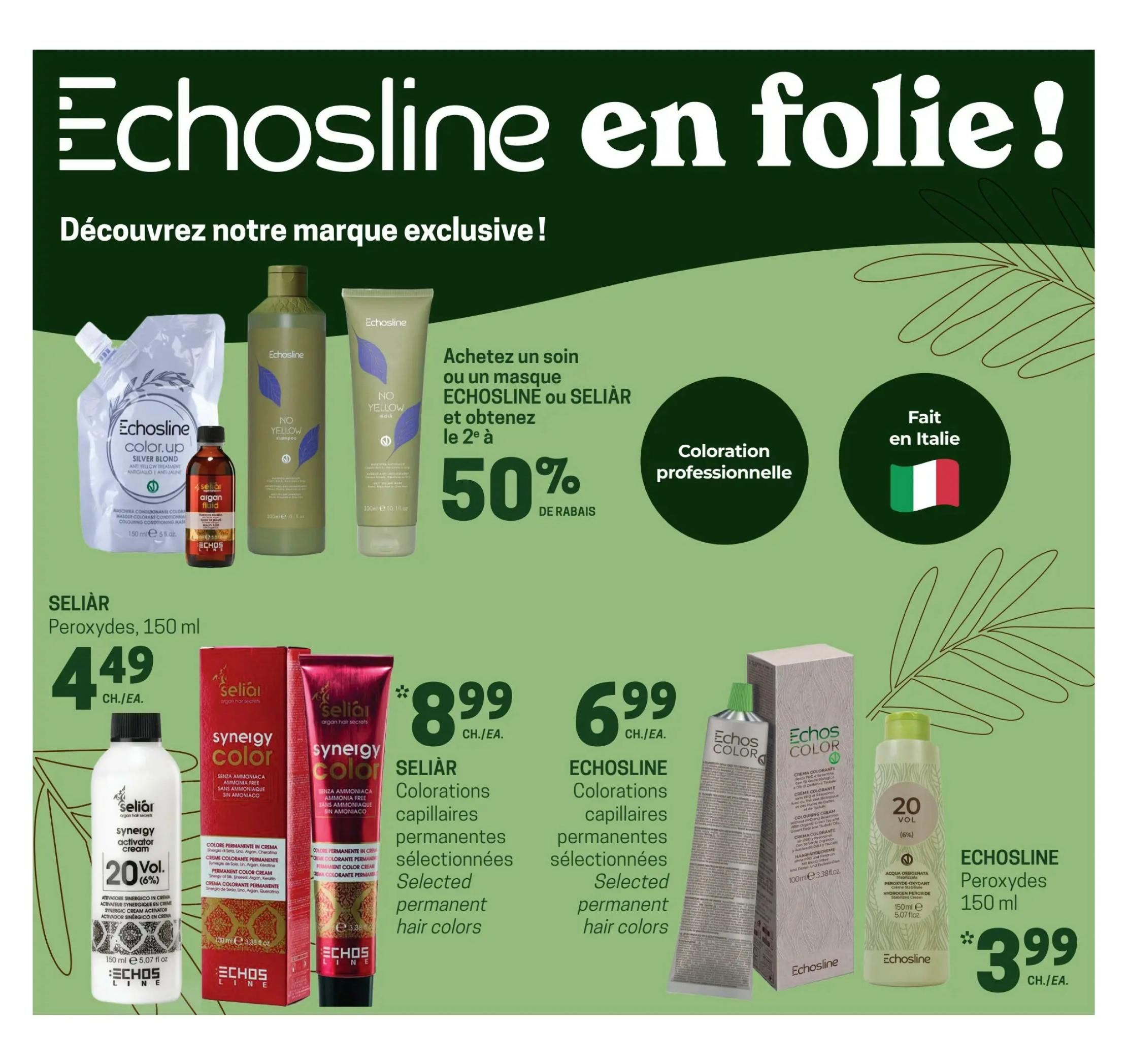 Uniprix weekly flyer specials page 8 features Echosline and Seliar hair products. Get 50% off your second Echosline or Seliar hair treatment or mask. Featured products include Seliar Peroxides 150 ml for $4.49. Also on sale are Seliar Synergy Color permanent hair colors for $8.99 each, and Echosline Colorations permanent hair colors for $6.99 each. Echosline Peroxydes 150 ml is available for $3.99. The page highlights professional hair colouring and products made in Italy.