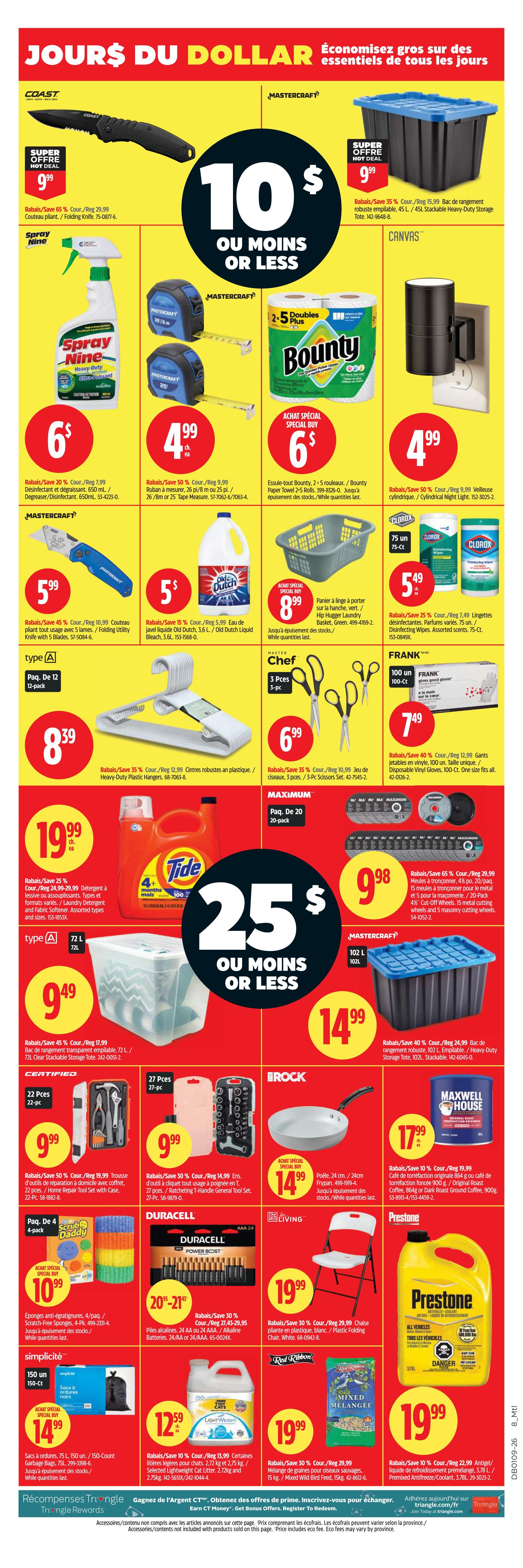 Canadian Tire Weekly Flyer Specials, Page 2. Featuring a 'Dollar Day' theme with various deals. Offers include a COAST folding knife for $9.99, saving 65%; MASTER CRAFT 45 L stackable storage tote for $9.99, saving 35%; Spray Nine Heavy-Duty Cleaner/Degreaser for $6, saving 20%; MASTER CRAFT 26'/8m or 25' tape measures for $4.99 each, saving 50%; Bounty paper towel 2-5 rolls for $6; a cylindrical night light for $4.99, saving 50%; a folding utility knife with 5 blades for $5.99, saving 45%; Old Dutch Liquid Bleach 3.6L for $5, saving 15%; MASTER Chef 3-piece scissor set for $6.99, saving 35%; Clorox Disinfecting Wipes 75-count for $5.49, saving 25%; FRANK disposable vinyl gloves 100-count for $7.49, saving 40%; Tide Laundry Detergent 72L for $19.99, saving 25%; a 72L clear stackable storage tote for $9.49, saving 45%; MAXIMUM 20-pack 4 1/2' cut-off wheels and 15 metal cutting wheels for $9.98, saving 65%; MASTER CRAFT 102L stackable storage tote for $14.99, saving 40%; a 22-piece home repair tool set for $9.99, saving 50%; a 27-piece ratcheting T-handle general tool set for $9.99, saving 30%; The Rock 24cm frypan for $14.99; Maxwell House Original Roast Ground Coffee 900g for $17.99, saving 10%; Duracell alkaline batteries 24 AA or 24 AAA for $20.99, saving 30%; Scrub Daddy sponges 4-pack for $10.99; simplicity 150-count garbage bags for $14.99; lightweight cat litter 2.72kg and 2.75kg for $12.59, saving 10%; Red Ribbon Mixed Wild Bird Feed 15kg for $19.99, saving 30%; and Prestone Premixed Antifreeze/Coolant 3.78L for $19.99, saving 10%. Also features a folding plastic chair for $19.99.