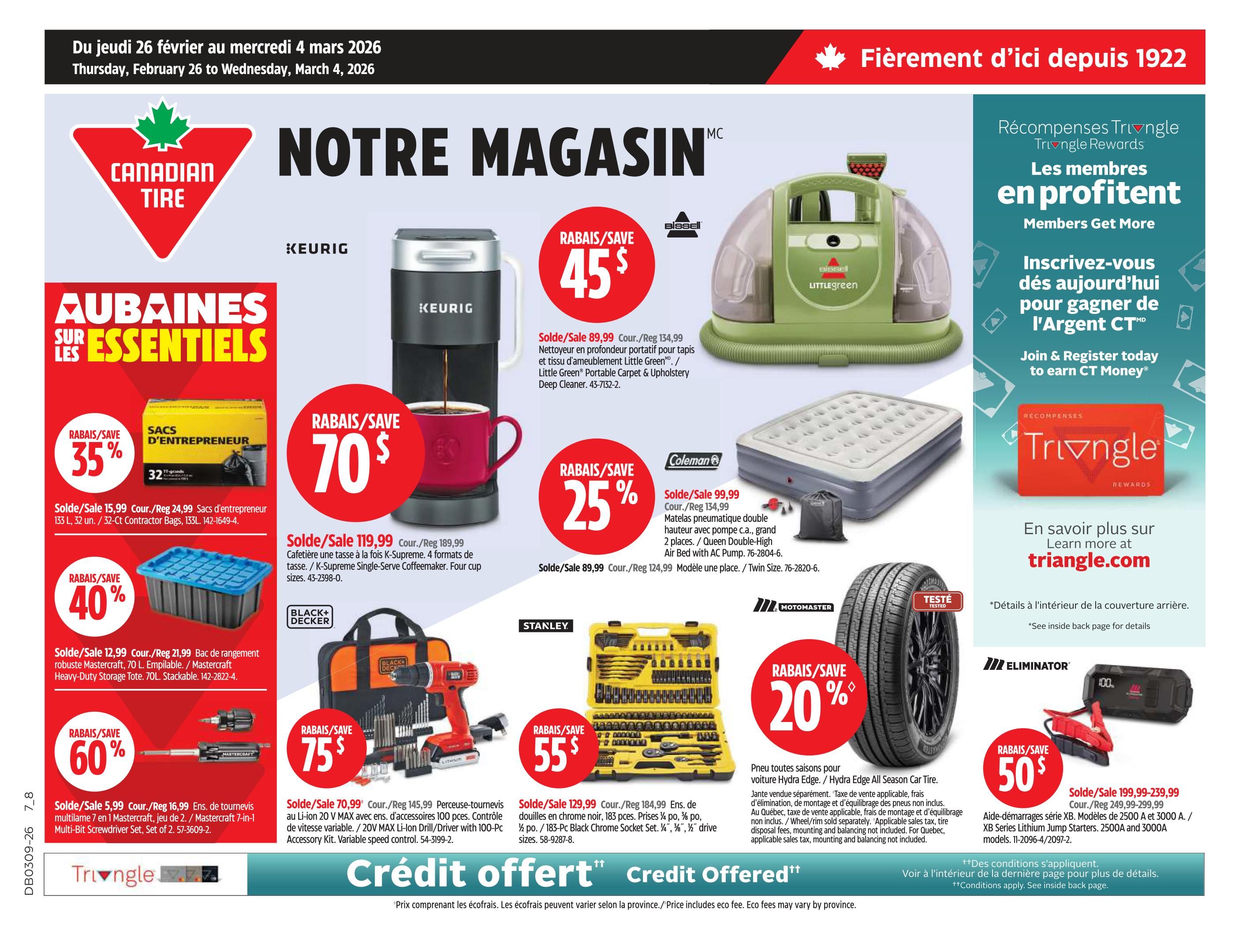Canadian Tire weekly flyer specials, page 3. Featured items include: 35% off 32-count Contractor Bags, sale price $15.99, regular price $24.99. 40% off Mastercraft Heavy-Duty Storage Totes, 70L, stackable, sale price $12.99, regular price $21.99. 60% off Mastercraft 7-in-1 Multi-Bit Screwdriver Set, sale price $5.99, regular price $16.99. 70% off Keurig K-Supreme Single-Serve Coffeemaker, sale price $119.99, regular price $189.99. 25% off Bissell Little Green Portable Carpet & Upholstery Cleaner, sale price $89.99. 45% off a Keurig coffee maker, sale price $45, regular price $89.99. 75% off a Black+Decker 20V MAX Li-Ion Drill/Driver with 100-Pc Accessory Kit, sale price $70.99, regular price $145.99. 55% off a Stanley 183-piece black chrome socket set, sale price $129.99, regular price $124.99. 20% off Hydra Edge All Season Car Tires. 50% off Eliminator XB Series Lithium Jump Starters, 2500A and 3000A models, sale price $199.99-$239.99, regular price $249.99-$299.99. Triangle Rewards members get more. Learn more at triangle.com. Credit offered.