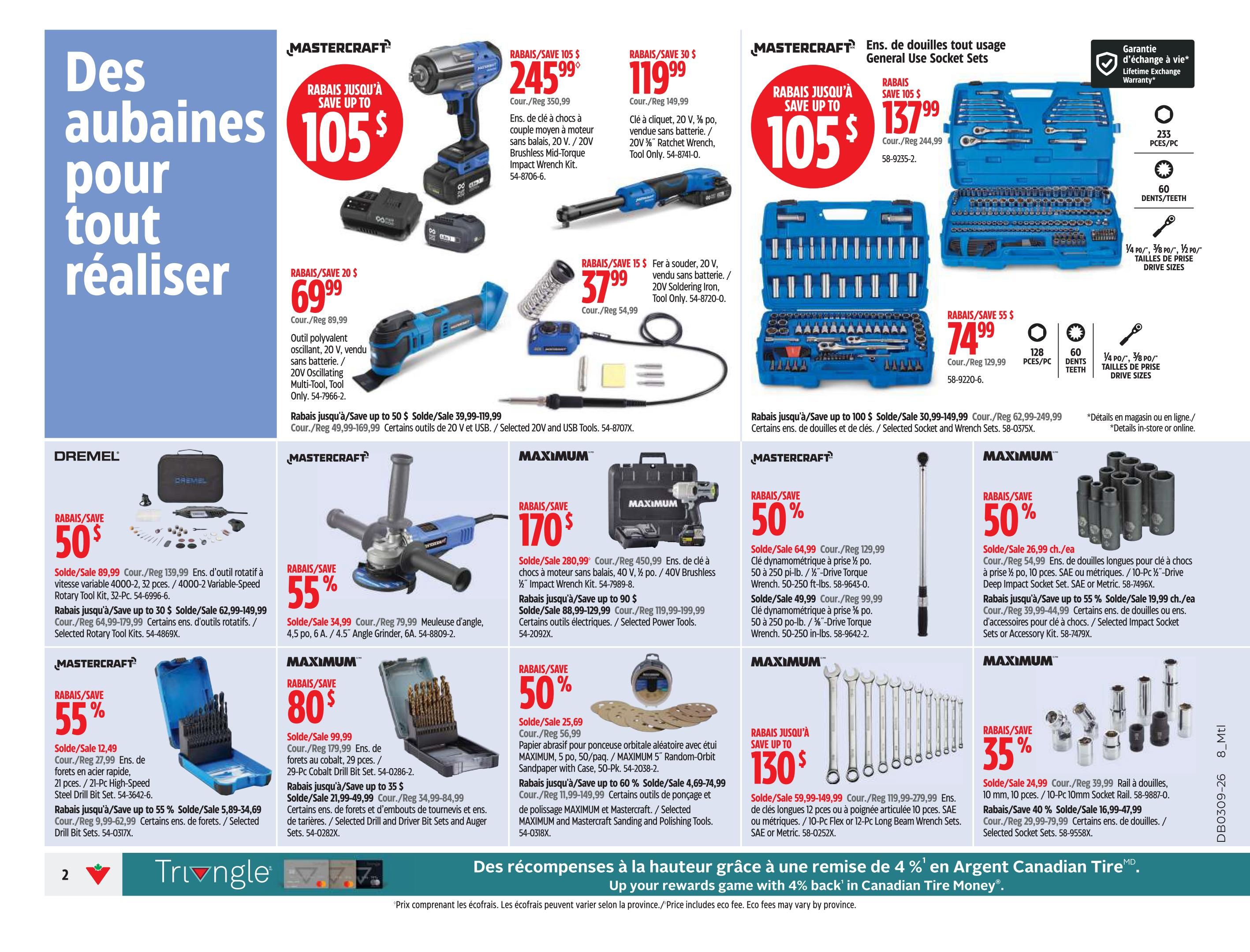 Canadian Tire Weekly Flyer Specials Page 4. Features Mastercraft 20V Cordless Impact Wrench Kit on sale for $245.99 (save $105), Mastercraft 20V Ratchet Wrench Tool Only for $119.99 (save $30), and Mastercraft 20V Soldering Iron Tool Only for $37.99 (save $15). Also on sale is Mastercraft 20V and USB Tools for $74.99 (save $55). Dremel Rotary Tool Kit is on sale for $50, with selected rotary tool kits on sale for $62.99-$149.99. Mastercraft 4.5' Angle Grinder is $34.99 (save $55). Mastercraft High-Speed Steel Drill Bit Set is $12.49 (save $55), with selected drill bit sets on sale for $5.89-$62.99. Maximum 40V Brushless Impact Wrench Kit is $170 (save $80), with selected power tools on sale for $88.99-$129.99. Maximum 12-Pc Flex or 12-Pc Long Beam Wrench Sets are on sale for $59.99-$149.99. Maximum 10mm Socket Rail is $24.99 (save $35), with selected socket sets on sale for $16.99-$47.99. Maximum 12-Pc Drive Deep Impact Socket Set is $26.99 each (save 50%), with selected impact socket sets or accessory kits on sale for $19.99-$44.99. The page also highlights a 'Save up to $105' on Mastercraft General Use Socket Sets, priced at $137.99. Includes details on Lifetime Exchange Warranty, 233 pieces, 60 teeth, and drive sizes. Bottom banner promotes 'Up your rewards game with 4% back in Canadian Tire Money'.