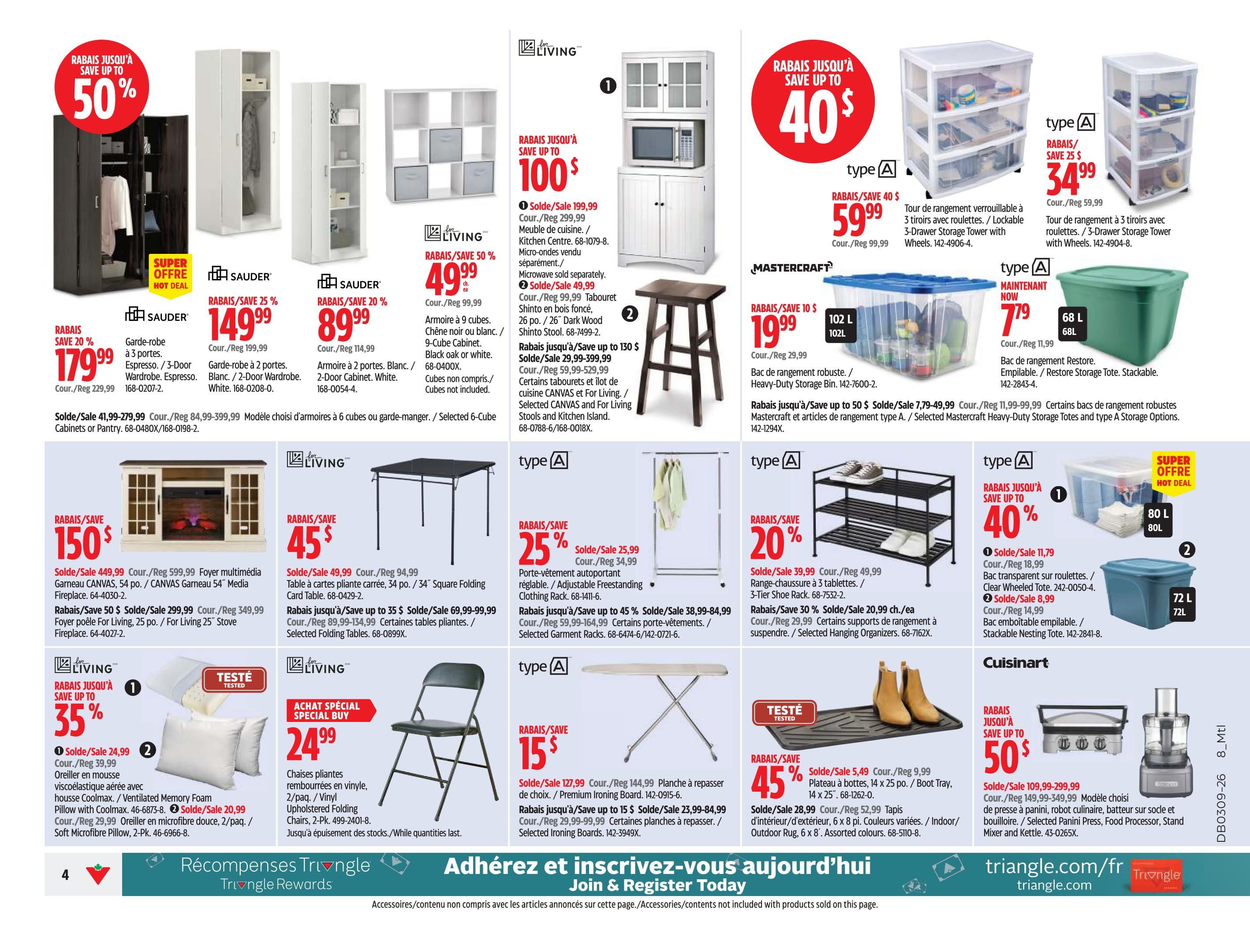Canadian Tire weekly flyer specials page 6 features a variety of home organization and kitchen items. Top deals include Sauder 3-door Espresso wardrobe for $149.99 (save up to 50%), Sauder 9-cube cabinet in dark wood or white for $49.99 (save 50%), and For Living 25' stove fireplace for $299.99 (save $50). Also featured are For Living media fireplaces starting at $449.99 (save $150), and a 34' square folding card table for $49.99. Storage solutions include Mastercraft heavy-duty storage bins starting at $19.99, and Type A storage towers with drawers for $34.99 (save 25%) and $59.99 (save 40%). For Living ventilated memory foam pillows with Coolmax cover are on sale for $24.99 (save 35%), and soft microfiber pillows (2-pk) are $20.99 (save 20%). Additional items include a folding chair for $24.99, a 3-tier shoe rack for $39.99 (save 20%), and a boot tray for $5.49 (save 45%). Cuisinart offers selected panini presses, food processors, stand mixers, and kettles with savings up to 50%, starting at $109.99.