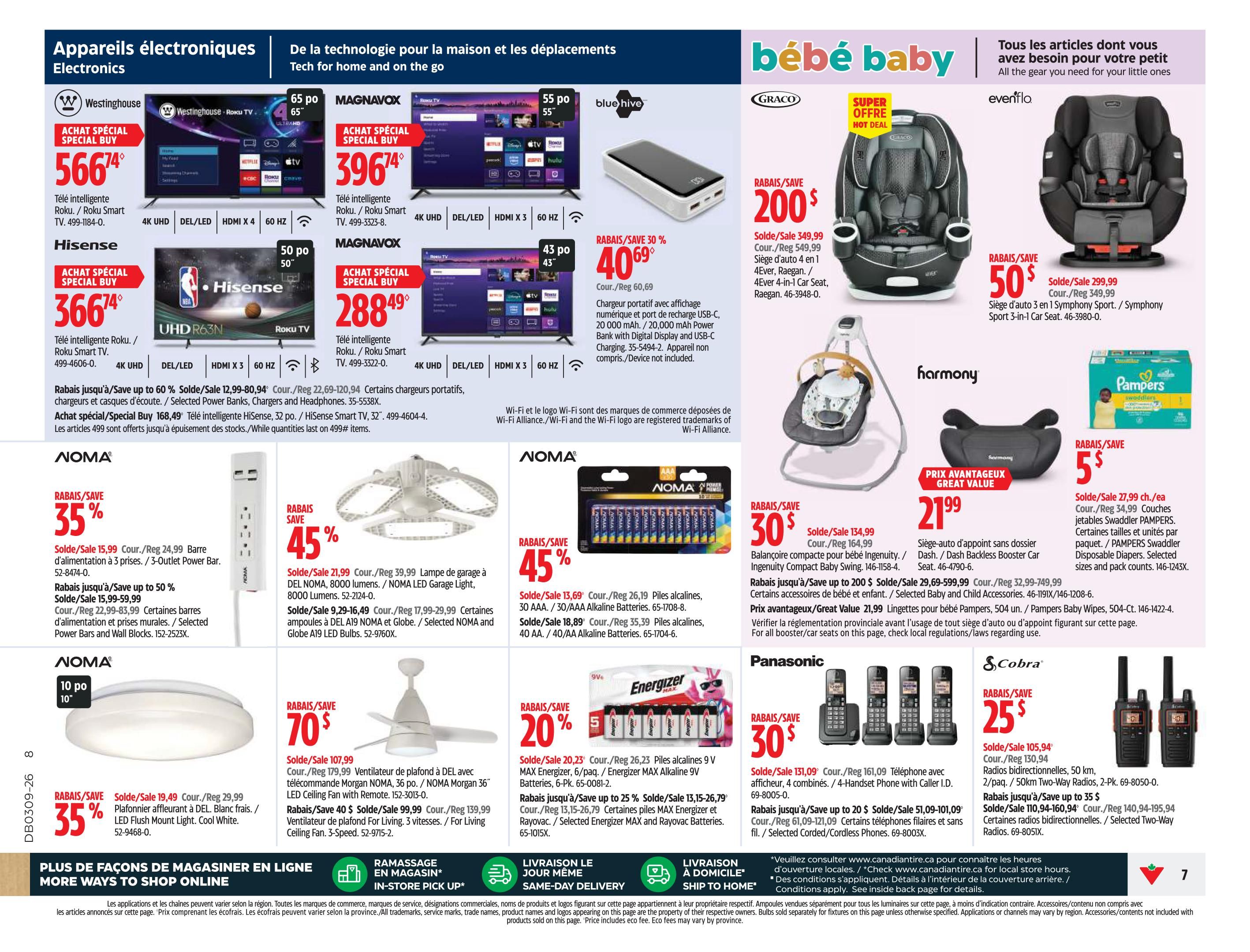 Canadian Tire weekly flyer specials, page 9, featuring electronics and baby items. Electronics include Westinghouse Roku Smart TV 65-inch for $566.74, Magnavox Roku Smart TVs (55-inch for $396.74 and 43-inch for $288.49), and Hisense Roku Smart TV 32-inch. Also available are NOMA power bars and wall blocks with savings up to 35% and 50%, NOMA LED garage light for $19.49, and NOMA and Globe LED A19 bulbs. A NOMA 36-inch ceiling fan with remote is on sale for $107.99, and a Living For Living 3-speed ceiling fan is $99.99. Energizer batteries are featured with savings up to 20% and 25% on MAX Alkaline 9V and AA/AAA sizes. Panasonic corded/cordless phones are $131.09. Cobra 50 km two-way radios are on sale for $105.94, with savings up to 35% on other models. Baby items include a Graco 4-in-1 car seat for $200 and an Evenflo Symphony Sport 3-in-1 car seat for $50. Pampers Swaddler diapers are $27.99 per pack. Harmony Dash backless booster car seats are $21.99. Additional offers include selected power banks, chargers, and headphones. The flyer also highlights online shopping options: In-Store Pick Up and Same-Day Delivery.